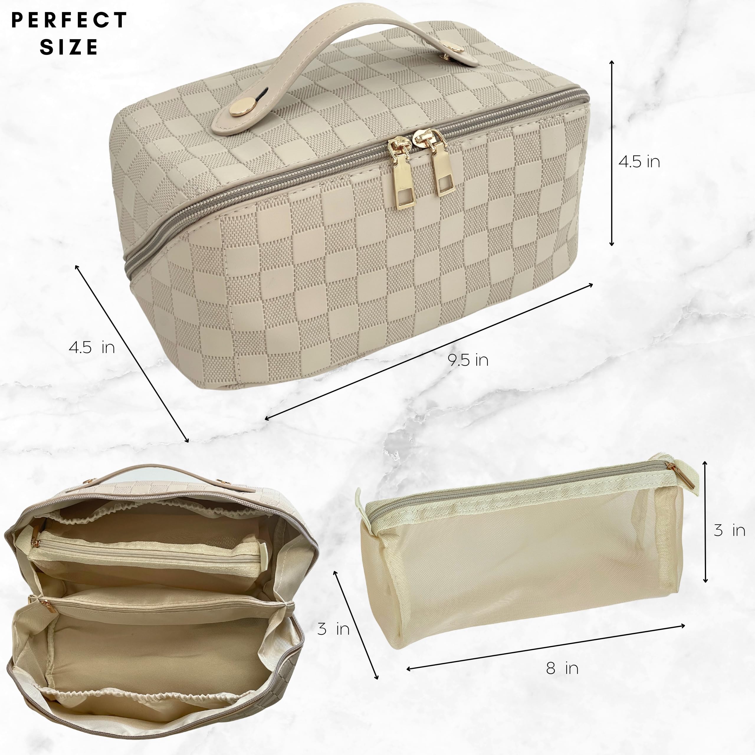 Large Capacity Waterproof Leather Travel Cosmetic Bag - Flat Opening Makeup Organizer with Handle & Divider for Easy Access | Perfect for Vacation, Gym & Daily Toiletry Storage
