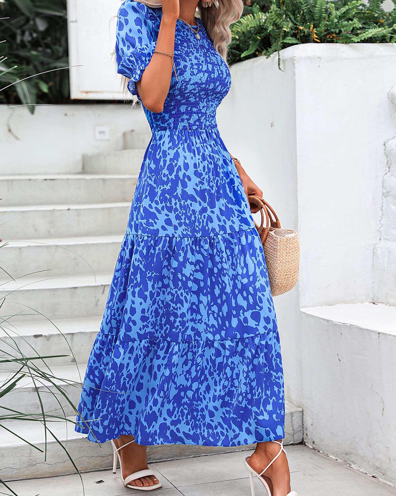 BTFBM Women's Casual Summer Dresses 2025 - Spring Crew Neck Ruffle Short Sleeve Floral Print Smocked Boho Flowy Maxi Dress for Beach, Vacation & Outdoor Parties