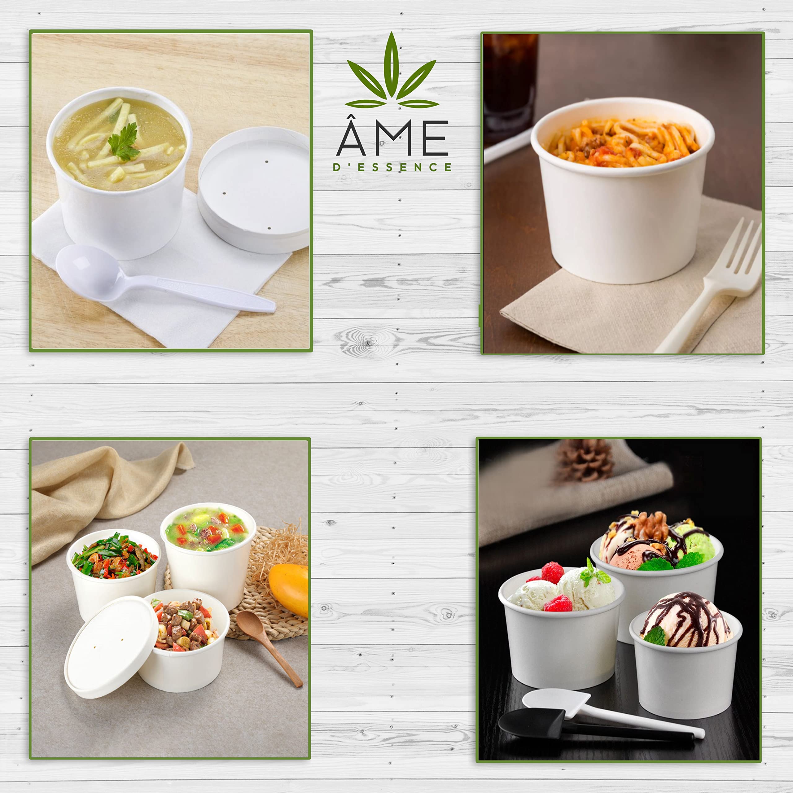500-Pack AME D'ESSENCE 8 oz White Paper Soup Containers with Vented Lids - Hot & Cold Food To-Go Cups for Ice Cream, Gelato, Yogurt, Soups - Perfect for Takeout, Restaurants & Catering