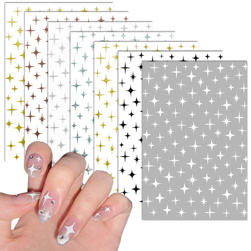 7 Sheets 3D Metallic Stars Nail Art Stickers - Self-Adhesive Glitter Gold Silver White Nail Decals for Acrylic Nails, Manicure & Pedicure | Perfect for Salon, Home DIY Nail Art & Party Nail Designs