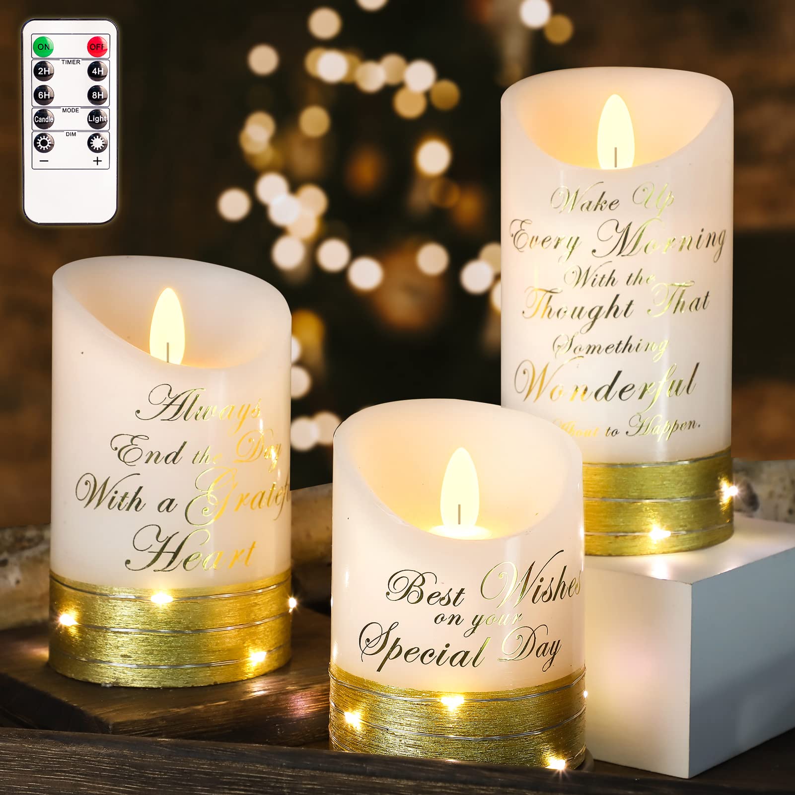 Golden LED Flameless Candles with Remote - Flickering Prayer Lights for Bedroom Decor