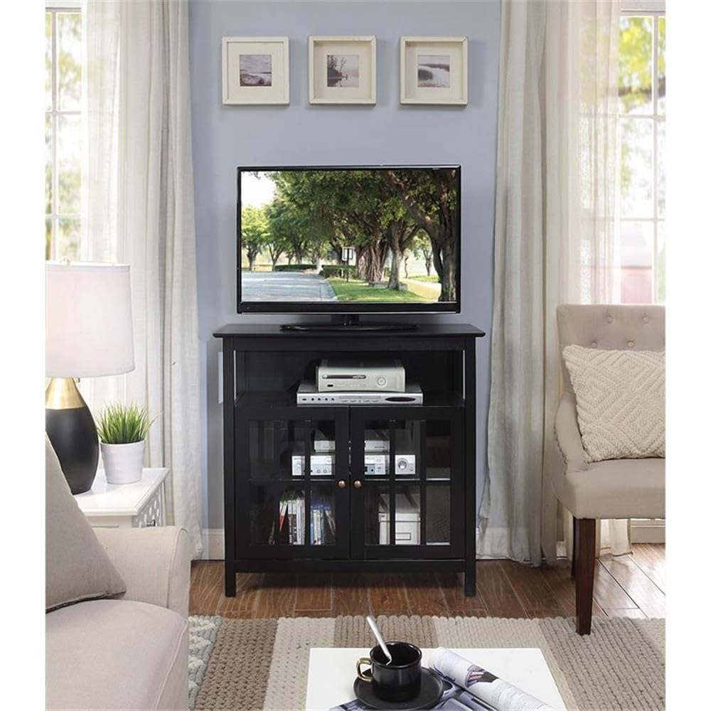 Pemberly Row 42 Inch TV Stand Entertainment Center with Storage Shelves - Black Modern TV Console for Living Room, Bedroom & Home Theater Setup