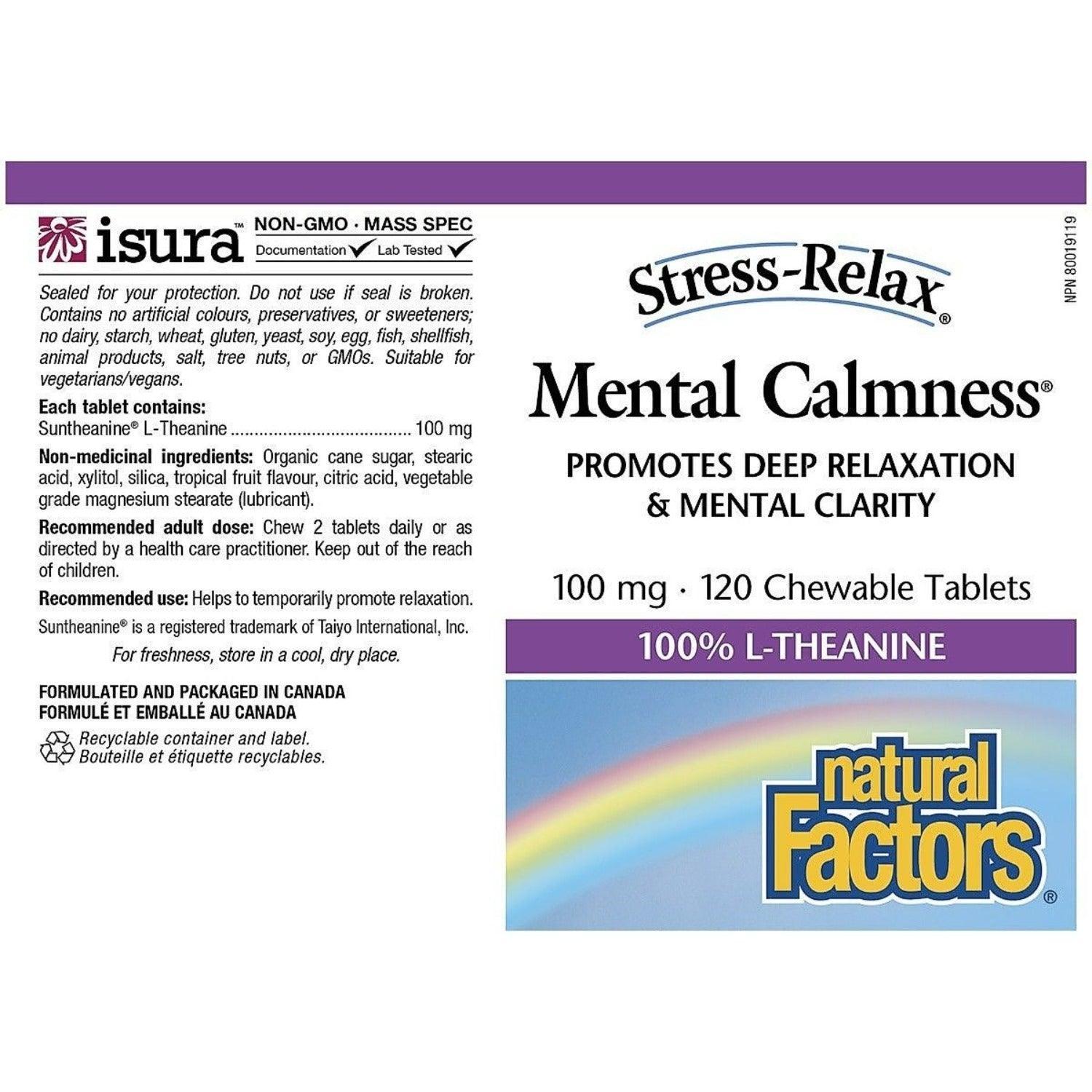Natural Factors Mental Calmness 100% Pure L-Theanine 100mg - 120 Chewable Tablets for Stress Relief, Anxiety Support & Better Sleep - Vegan, Non-GMO Supplement for Daily Relaxation & Focus