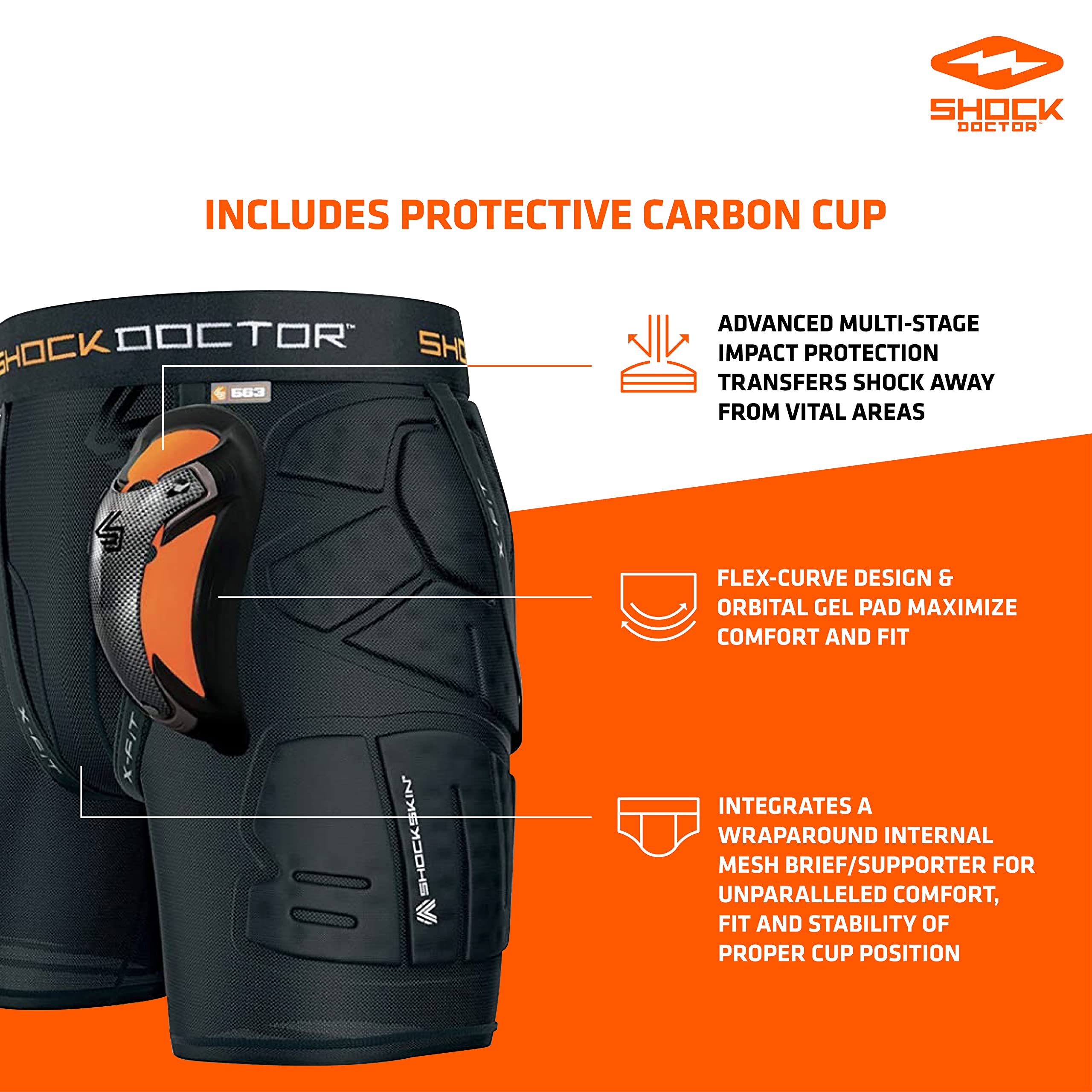 Shock Doctor Men's Compression Shorts with Carbon Athletic Cup - Moisture Wicking, Vented Protection for Sports & Workouts - Perfect for Football, Baseball, Hockey & Gym Training (Adult Sizes)