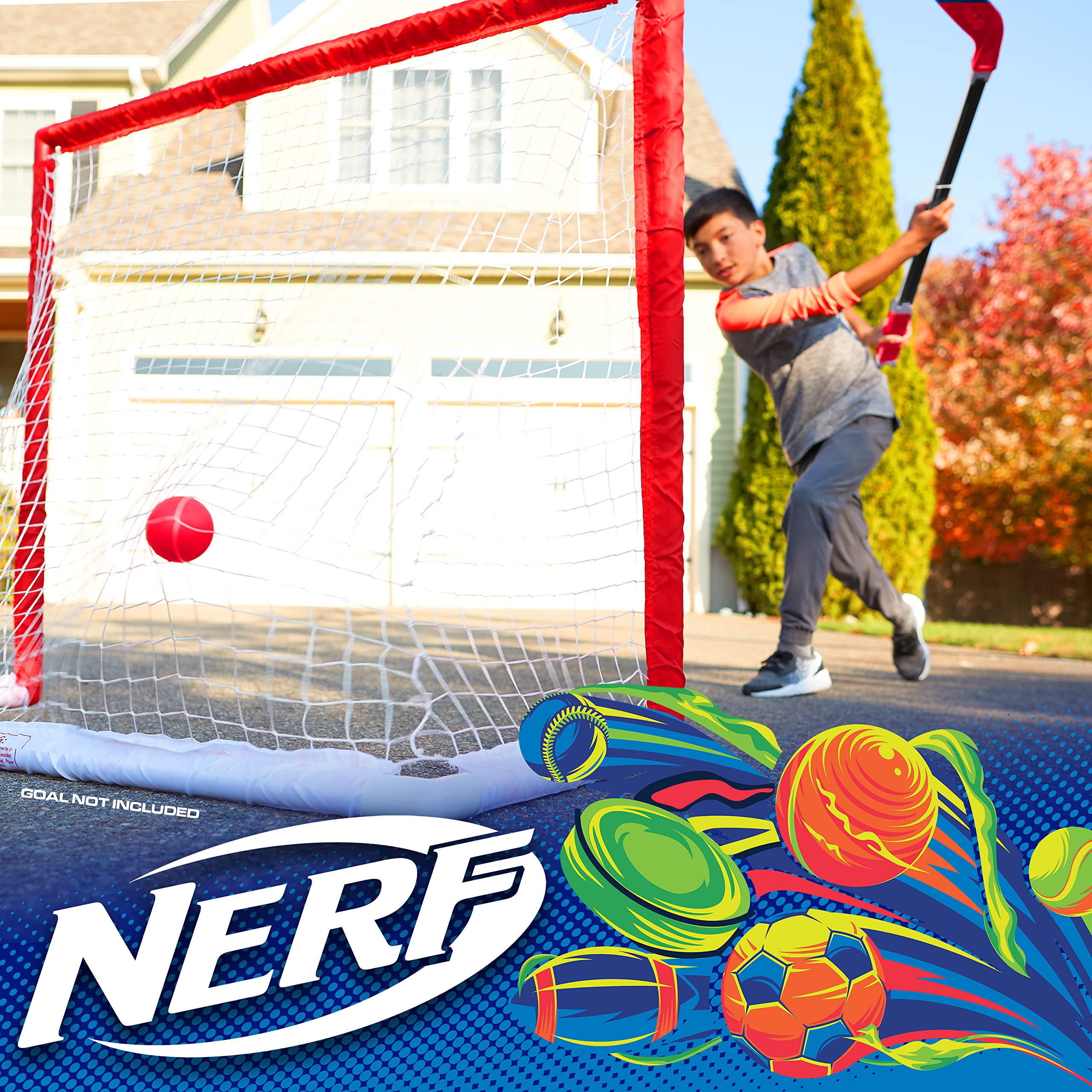 NERF Flexplay Kids Hockey Stick and Ball Set - Adjustable Height Street Hockey Stick for Indoor & Outdoor Play - Includes 2 NERF Balls - Perfect for Backyard Games, Driveway Hockey, and Gym Class Activities