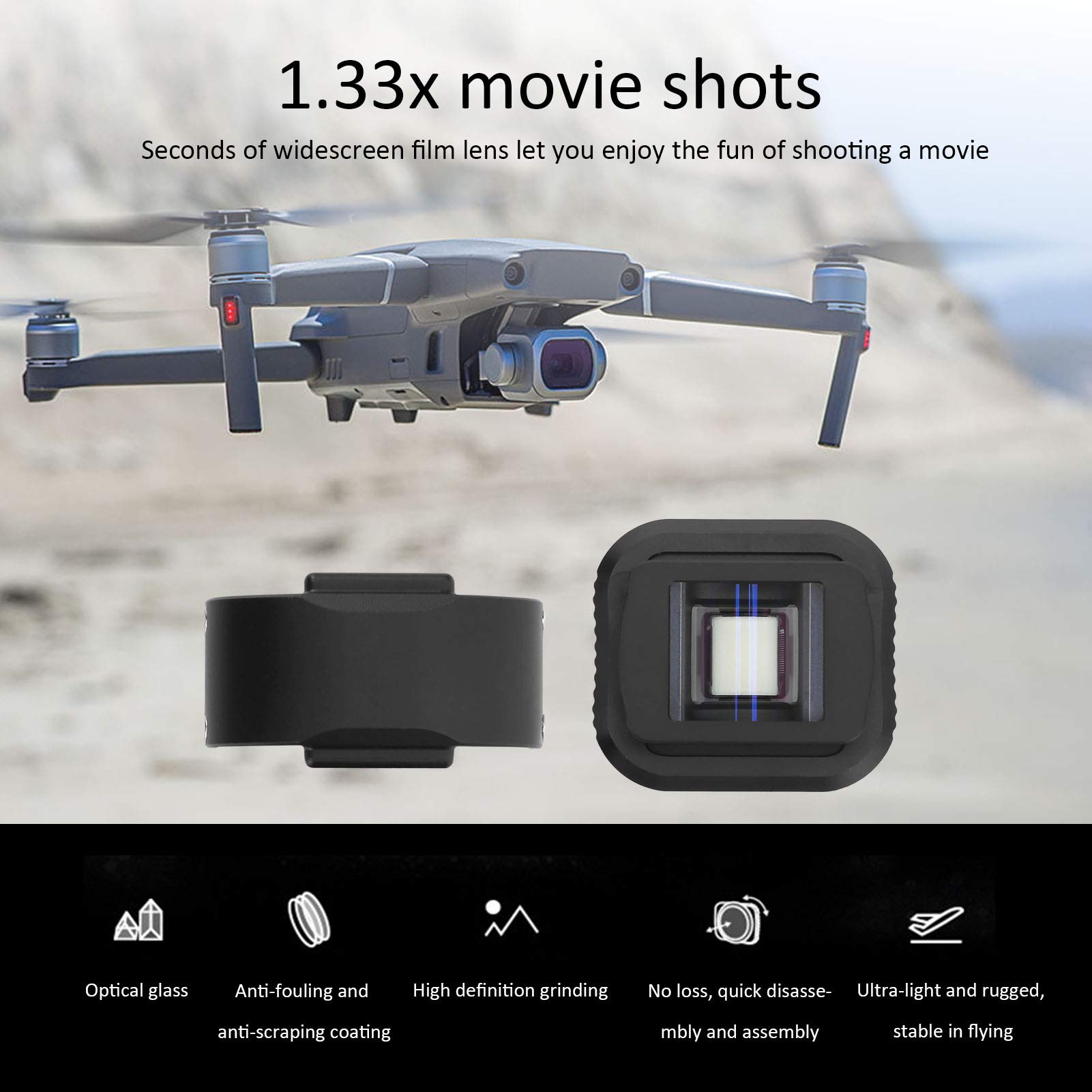 Fydun 1.33X Anamorphic Lens for DJI Mavic 2 Pro - High-Quality Optical Glass with Magnetic Attachment - Prime Black Cinema Lens - Perfect for Aerial Filmmaking & Professional Drone Photography