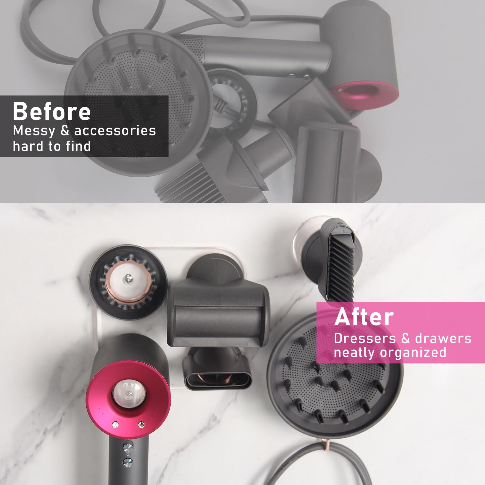 Dyson Supersonic Hair Dryer Holder - Acrylic Wall Mount Stand for 5 Attachments & Diffuser | Wide Tooth Comb Storage | Bathroom Blow Dryer Organizer (Clear) - Perfect for Salon, Spa & Home Use