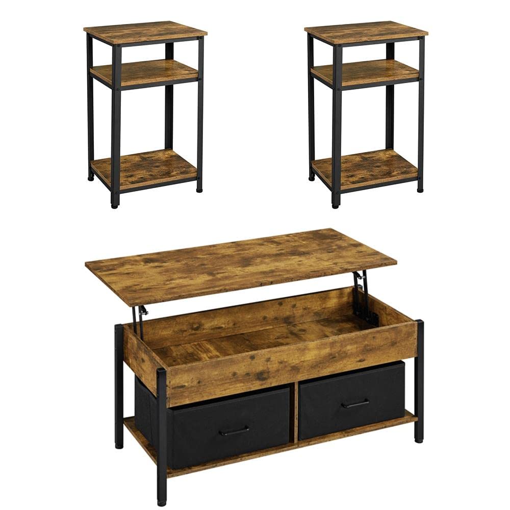 Yaheetech 3-Piece Lift Top Coffee Table Set with Storage Baskets & Hidden Compartment, 2-Tier Rustic Industrial End Tables - Perfect for Living Room, Home Office & Small Space Decor (Rustic Brown)