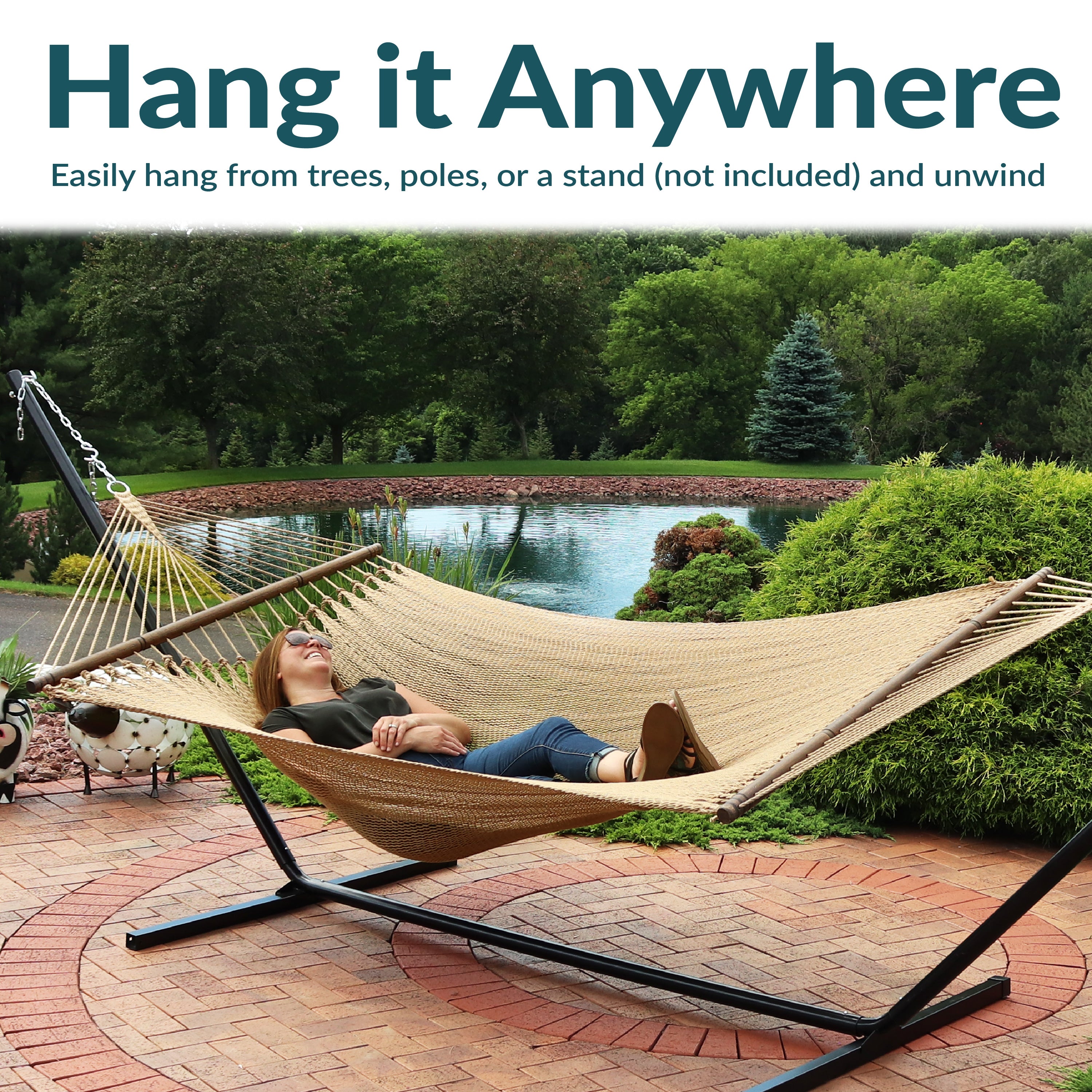 Sunnydaze Large 2-Person Polyester Rope Hammock with Spreader Bars - Durable Outdoor Hanging Bed for Backyard, Patio, Beach & Camping Relaxation
