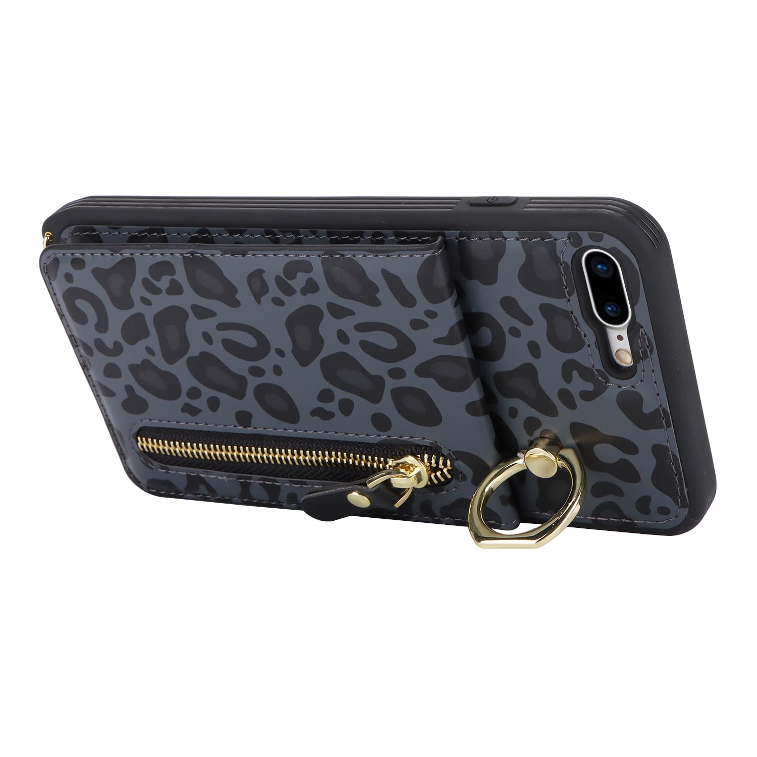 iPhone 7 Plus/8 Plus Wallet Case with Card Holder, Wrist Strap & Ring Stand - Crossbody Phone Purse for Women | Black Leopard Print | Perfect for Travel, Shopping & Everyday Use