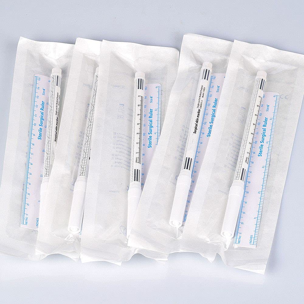 White Surgical Tattoo Eyebrow Skin Marker Pen - Waterproof Single Tip Body Positioning Pen with Paper Ruler | Perfect for Eyebrow Microblading, Permanent Makeup & Tattoo Outlining