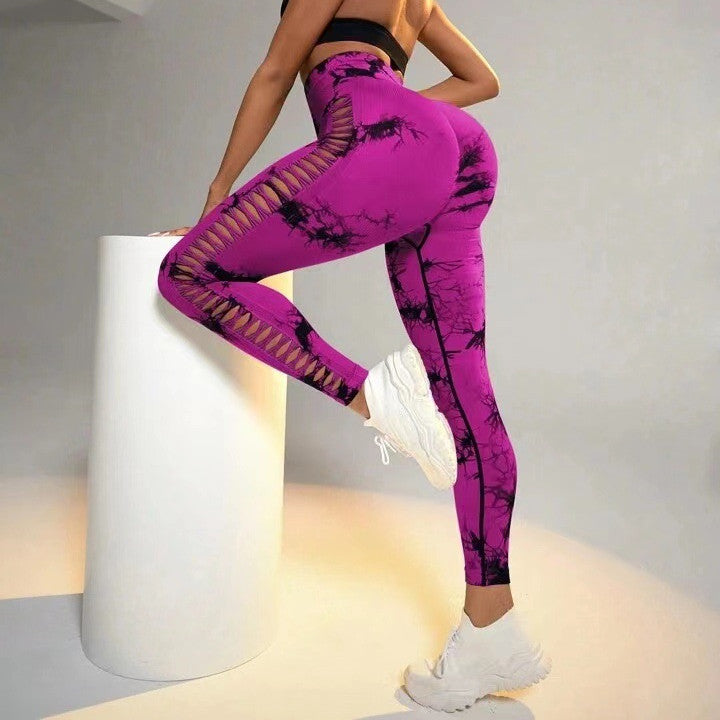 High Waist Hollow Tie-Dye Yoga Pants for Women - Seamless Butt Lifting Workout Leggings, Gym Fitness Running Sports Tights | Perfect for Yoga, Pilates & Lounge Wear