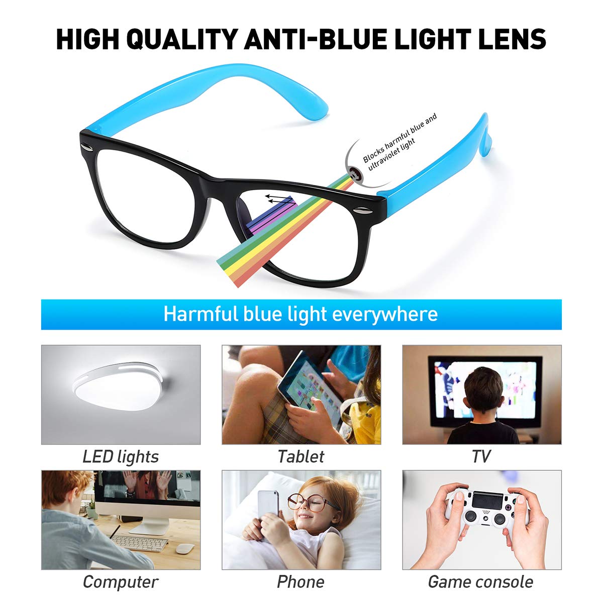DYLB Kids Blue Light Blocking Glasses for Girls & Boys (2 Pack) - Anti Blue Light Computer & Gaming Glasses for Children Ages 3-10 - Reduces Eye Strain & Headaches (Black Blue + Transparent Purple) - Perfect for Online Classes, Video Games & Screen Time Protection