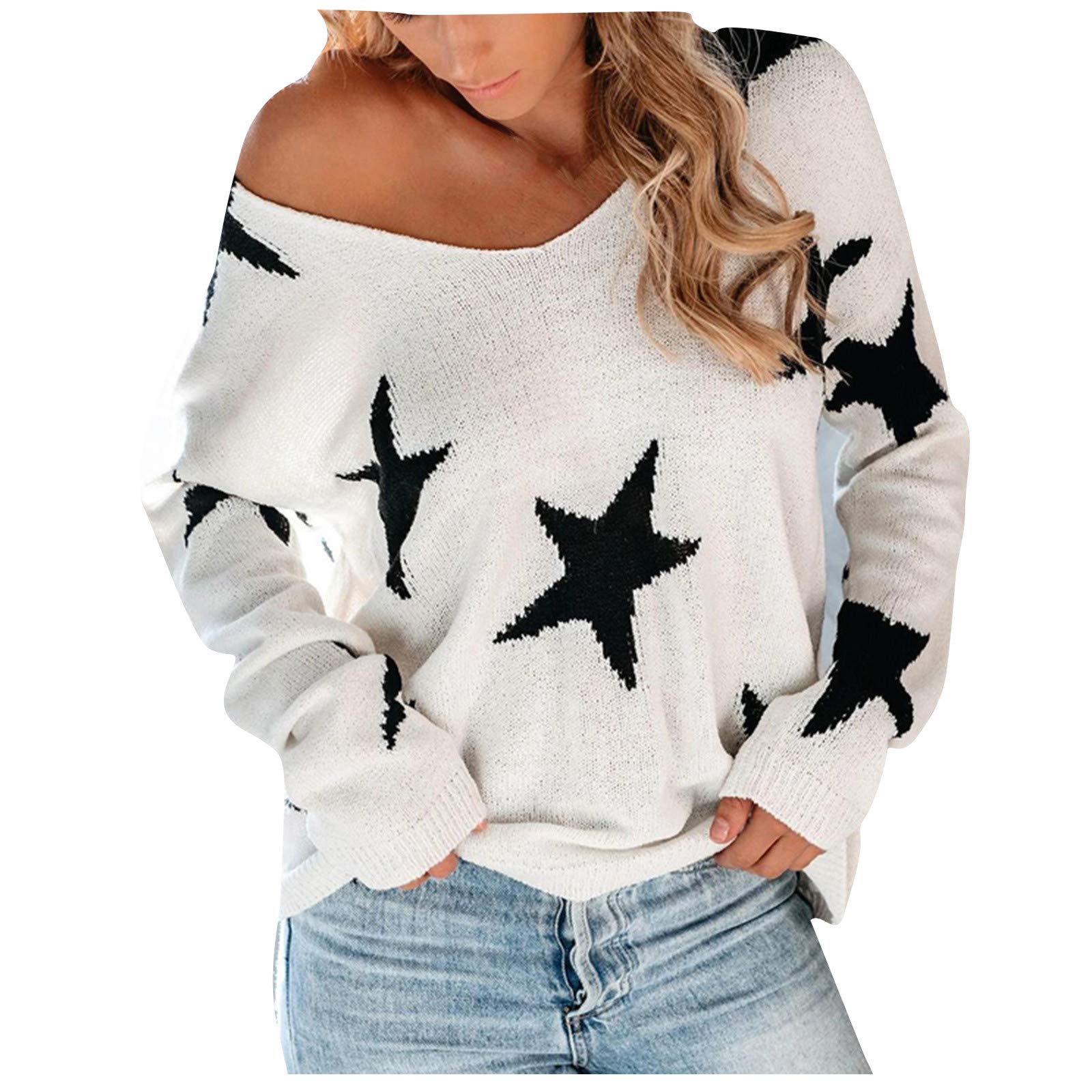 Women's Cropped Pullover Sweater with Ripped Knit & Star Print - Casual Chic Top for Fall & Winter Layering