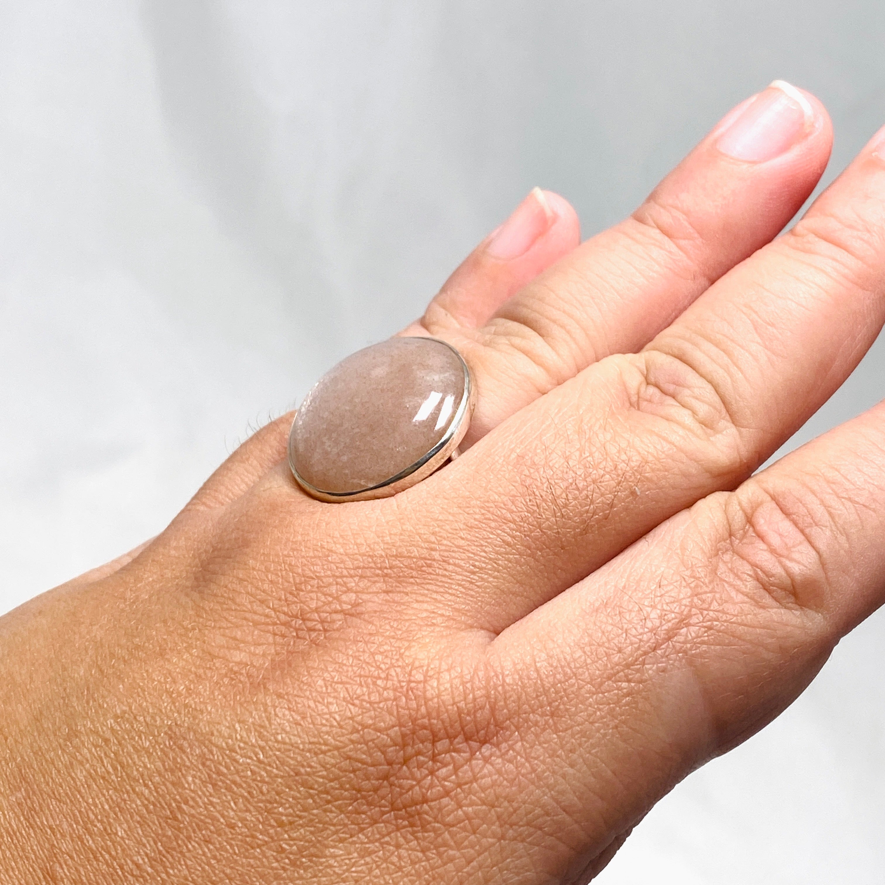 Natural Peach Moonstone Round Ring - Size 10 Silver Jewelry KRGJ2173 | Elegant Boho Gift for Women, Perfect for Weddings & Everyday Wear