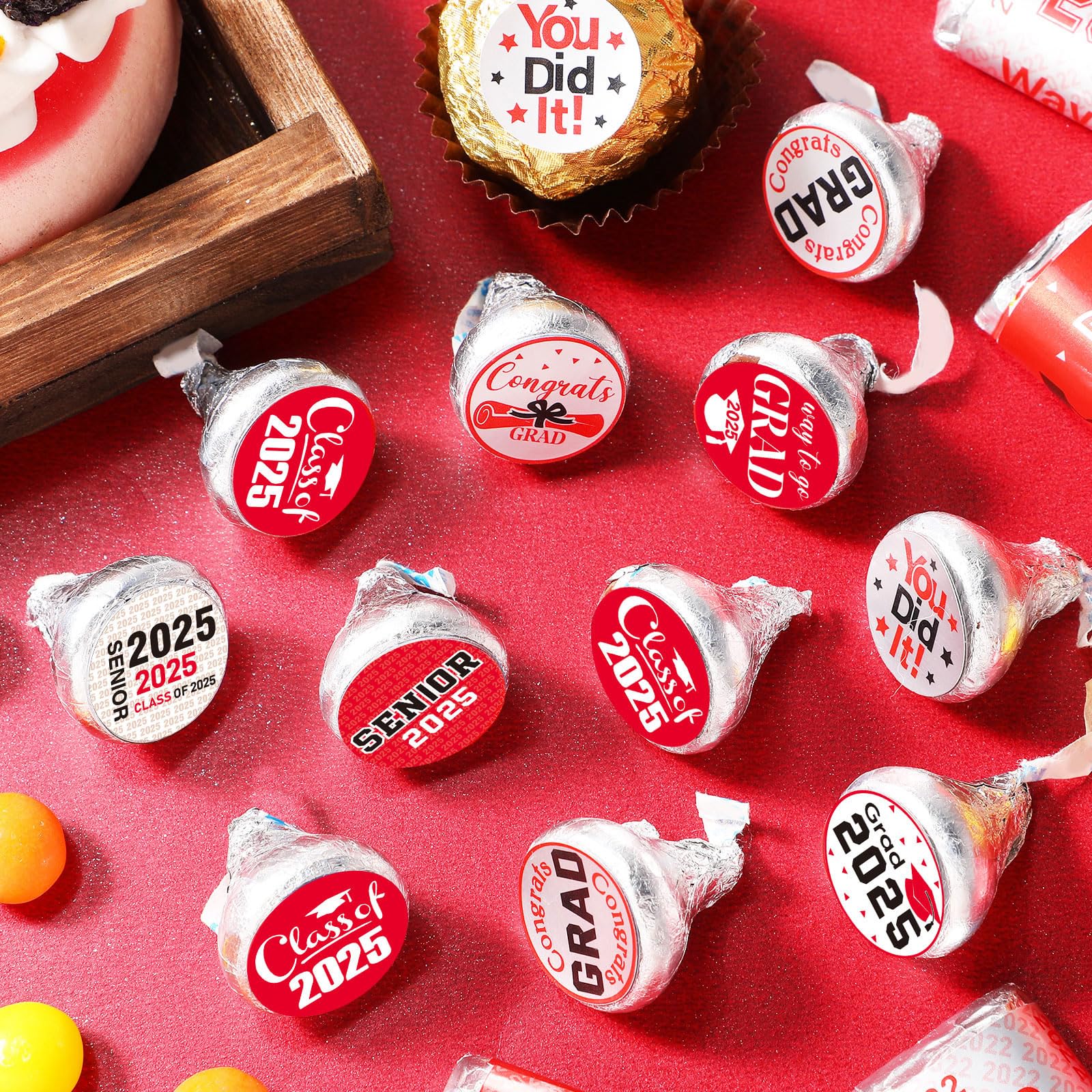 504-Piece 2025 Graduation Stickers Set - Congrats Grad Senior Class of 2025 Party Favors - Candy & Chocolate Labels for High School, College & Doctorate Graduation Celebrations (Red) - Perfect for Graduation Party Decorations, Diploma Covers & Gift Wrapping