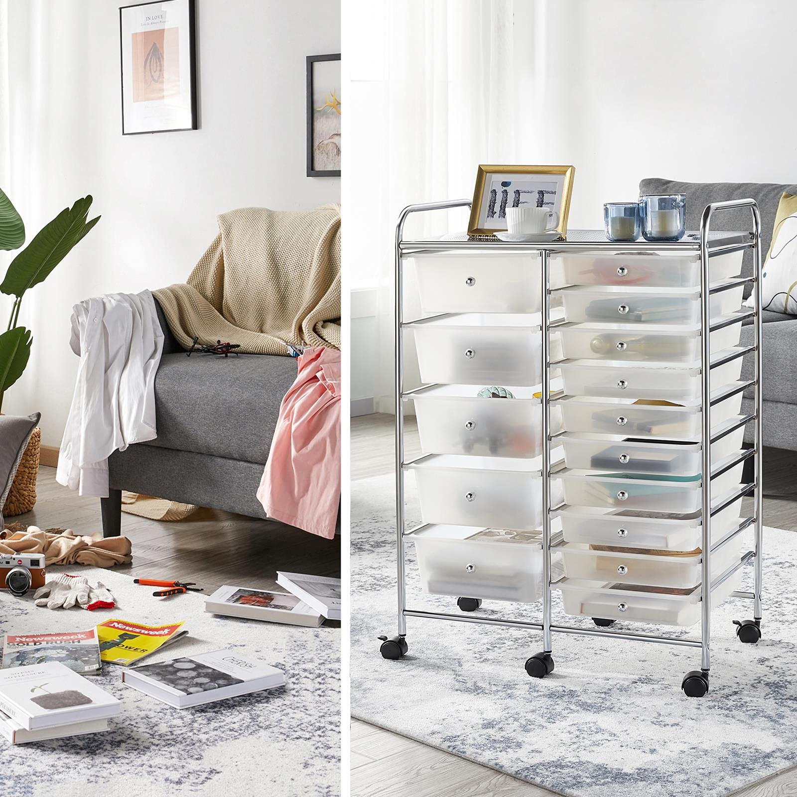 Yaheetech 15-Drawer Rolling Cart - Mobile Storage Organizer for Home & Office, White