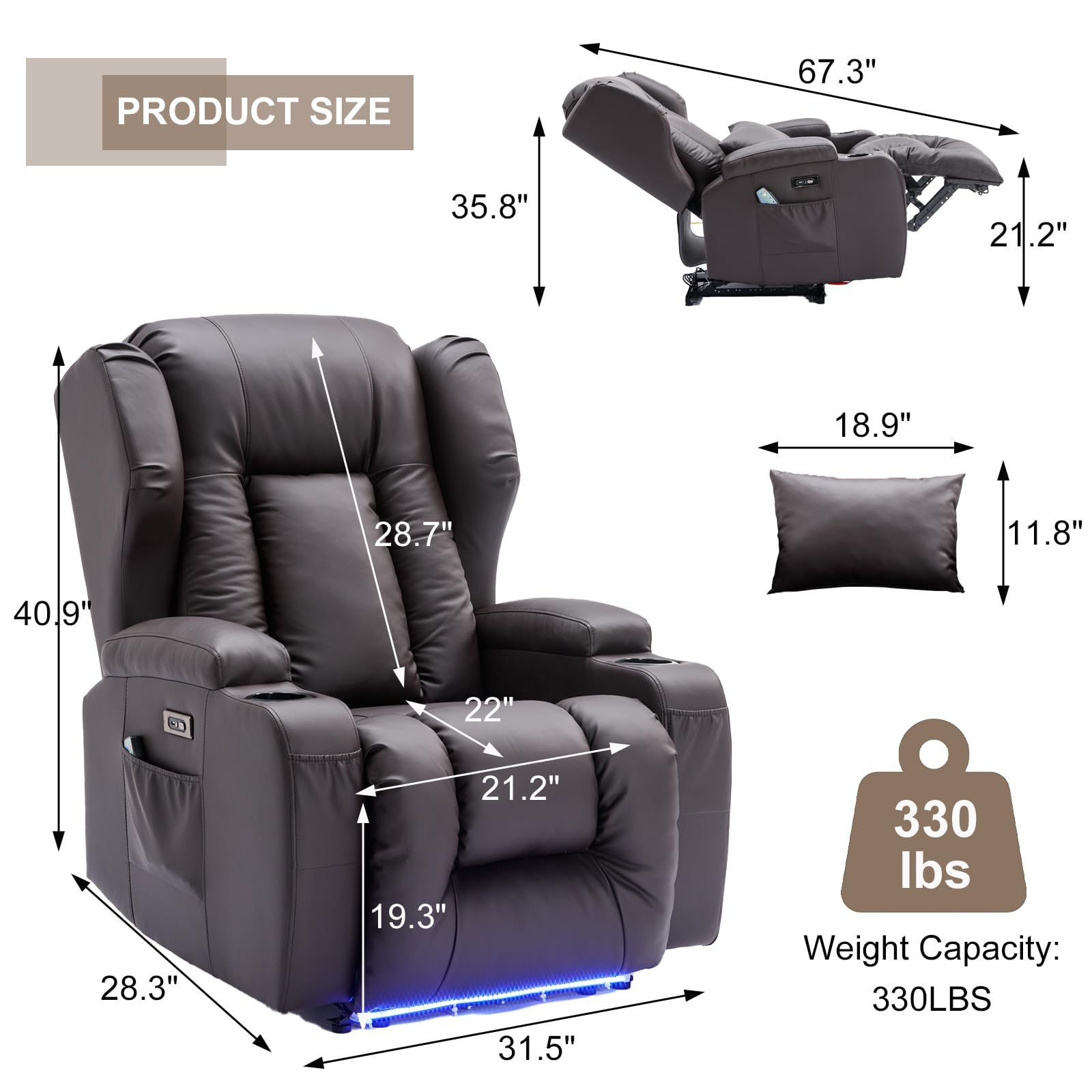 BINGTOO Electric Power Recliner Chair with Massage & Heat - Ergonomic Wingback Recliner for Adults, Living Room Lounge Sofa with LED Light, Cup Holders & USB Ports - Perfect for Home Theater, Gaming & Relaxation