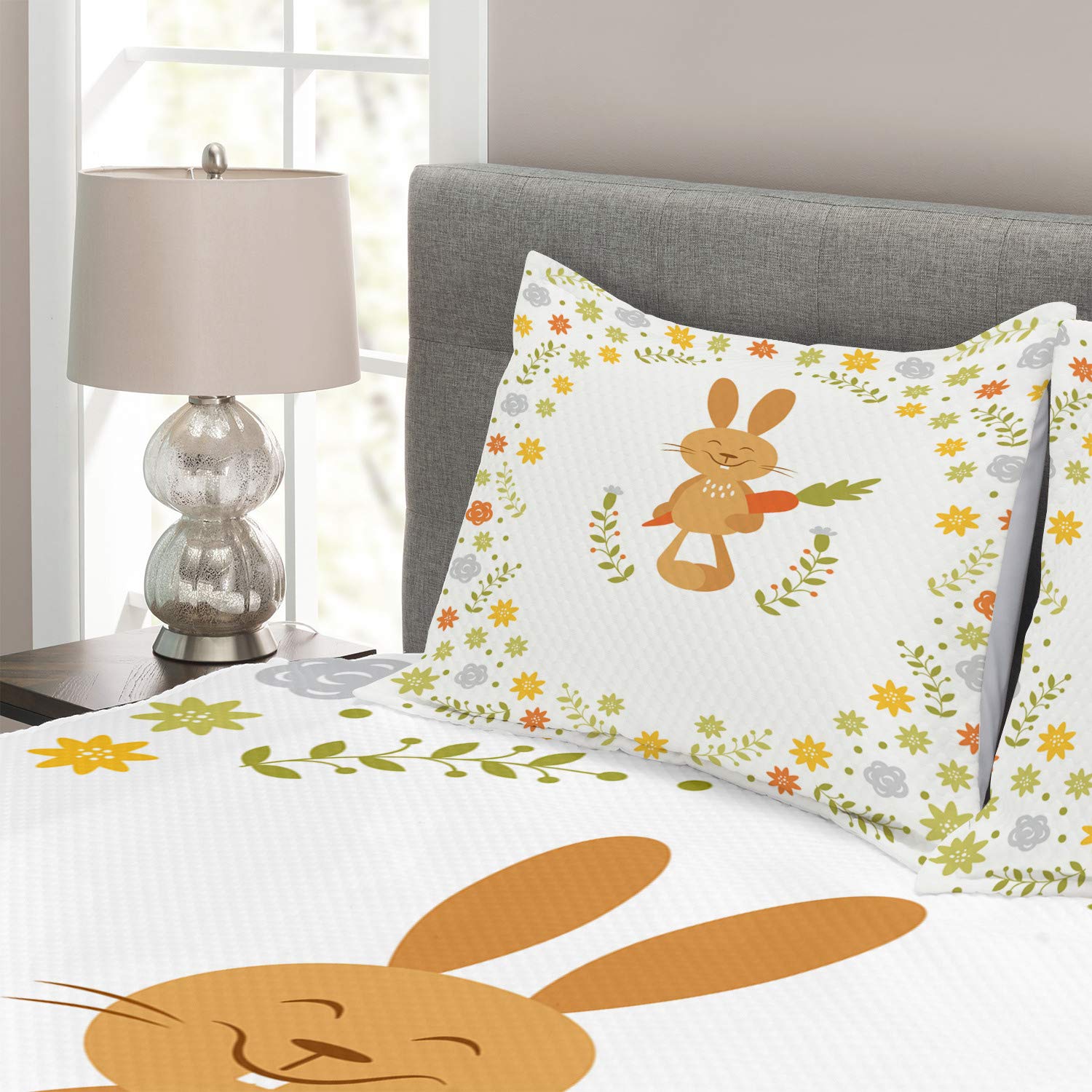 Ambesonne Funny Rabbit Bedspread Set - 3 Piece King Size Bedding with Happy Bunny, Carrots & Flowers Design - Decorative Coverlet & 2 Pillow Shams - Perfect for Kids Room, Nursery Decor & Summer Themed Bedrooms