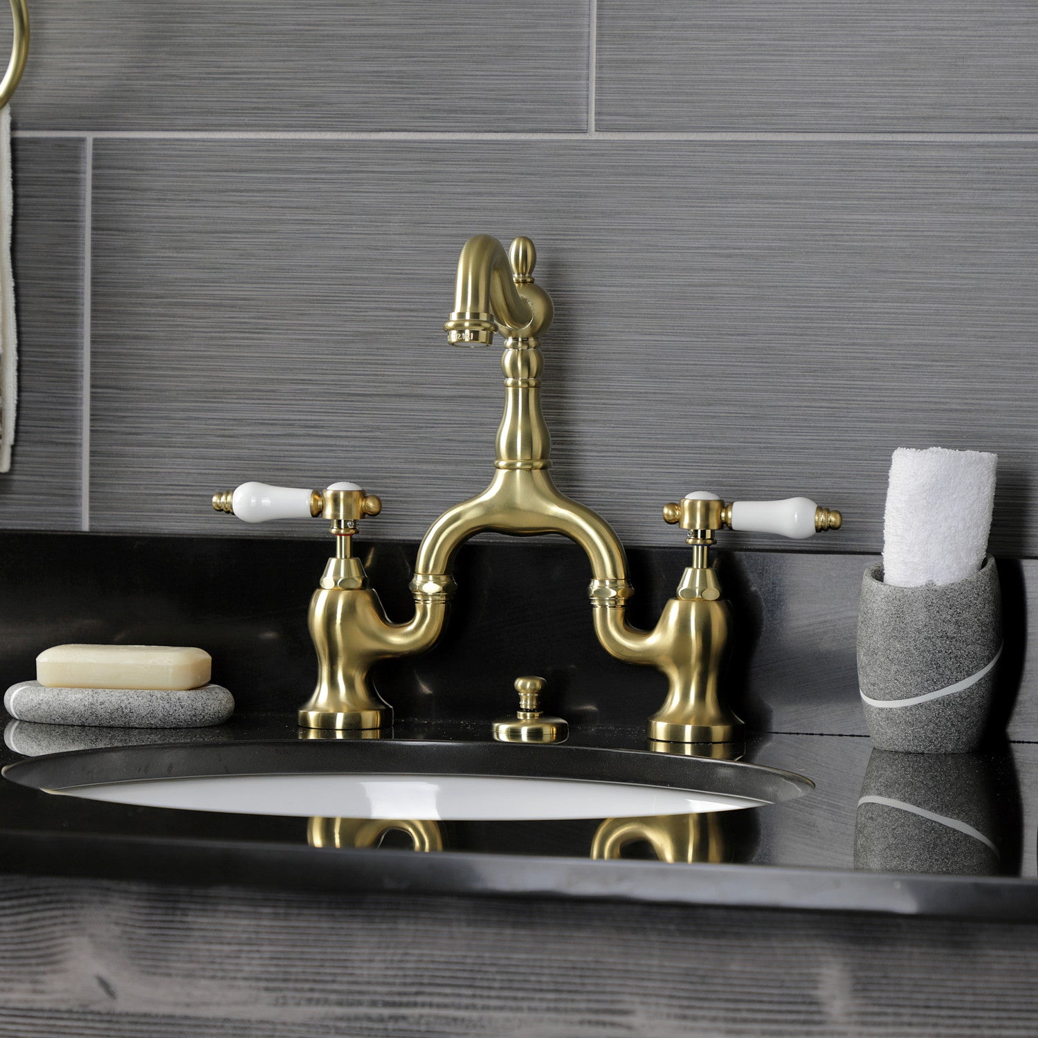 Bel Air KS7977BPL Brushed Brass Two-Handle 3-Hole Deck Mount Bathroom Sink Faucet with Brass Pop-Up Drain - Perfect for Modern Bathrooms & Vanities