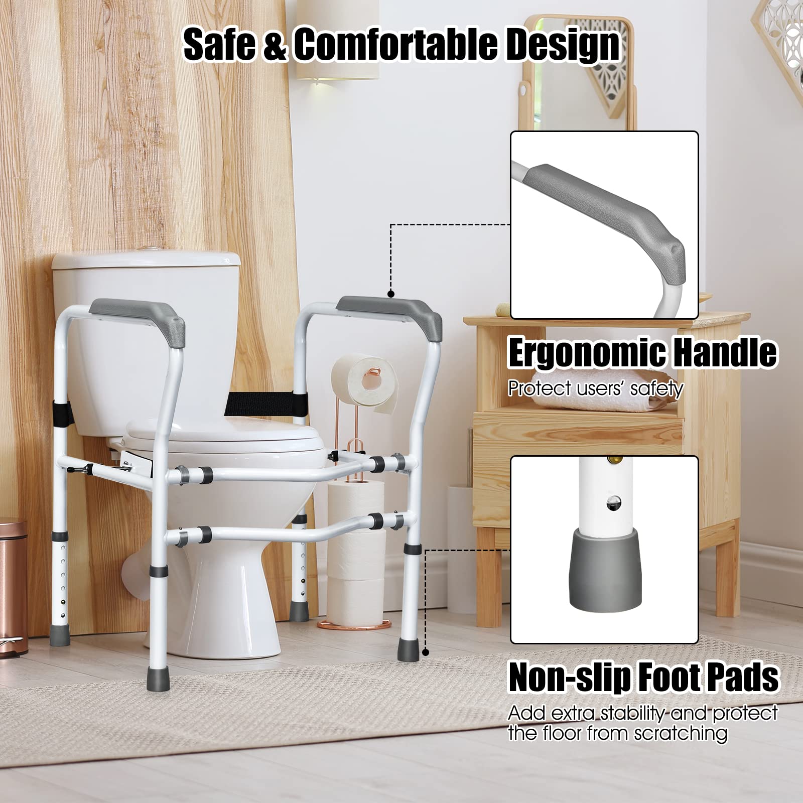 Adjustable Toilet Safety Rail - 300lbs Capacity Rotatable Bathroom Armrest with Clip, Height & Width Assist Frame for Elderly & Disabled - Ideal for Commode Handrails & Grab Bars - Perfect for Bathroom Safety & Mobility Support