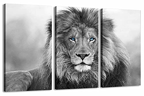 Blue Eyes Lion Wall Art - Large Stretched Canvas Print Framed & Ready to Hang | Wildlife Home Decor for Living Room, Bedroom & Office