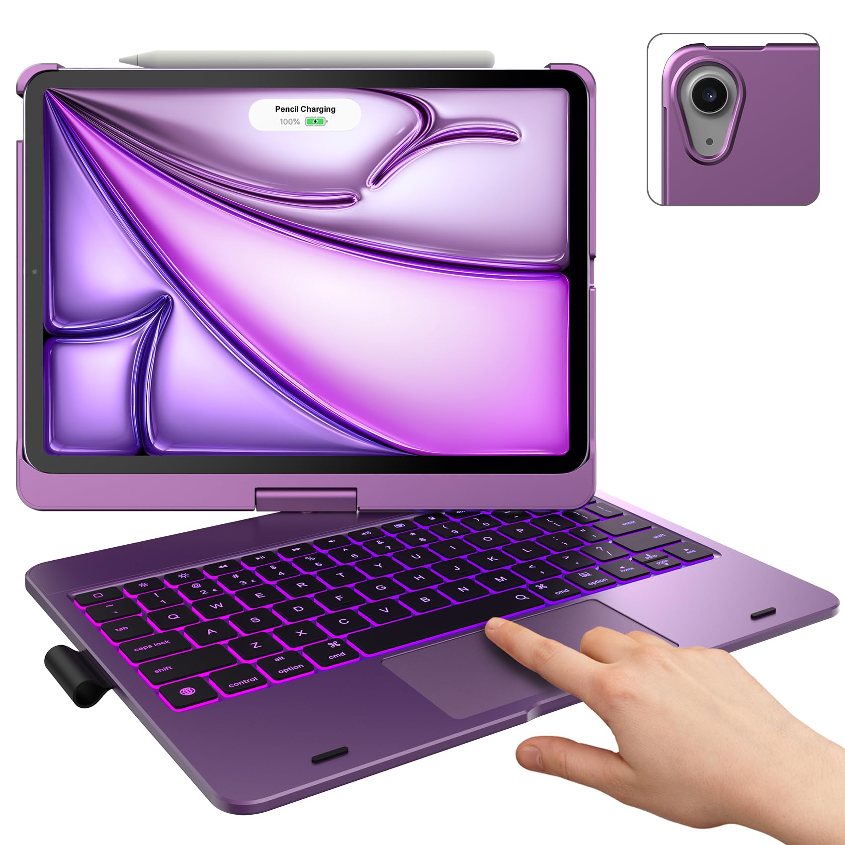 360° Rotatable Touch Keyboard Case with Trackpad for iPad Air 11-inch (M3 2025/M2 2024) - Wireless Backlit Keyboard with 11 Color Options & Pencil Holder - Compatible with iPad Air 5th & 4th Gen (Purple) - Perfect for Work, Study & Creative Projects
