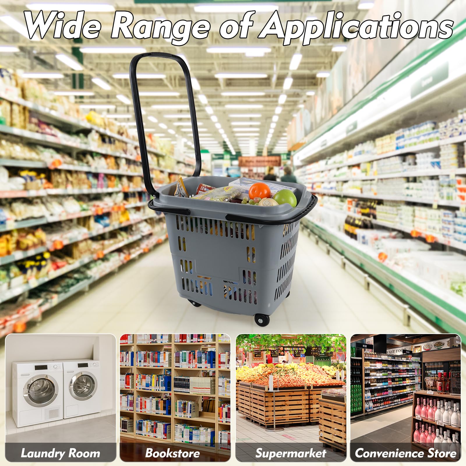 Jekiyo 50L Plastic Rolling Shopping Basket with Handle - 6 Pack Large Grocery Cart for Supermarket, Warehouse & Home Organization - Grey (Ideal for Shopping, Storage & Laundry)