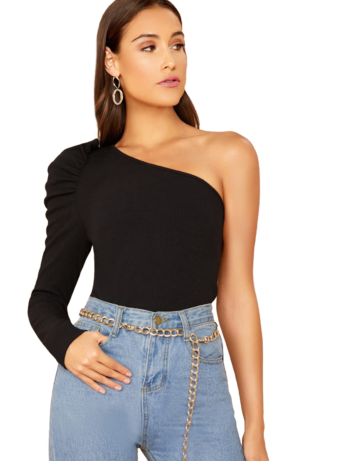 WDIRARA Women's Sexy Solid One Shoulder Cut-Out Long Sleeve T-Shirt - Elegant Party Top for Night Out, Clubwear, Date Night & Special Occasions