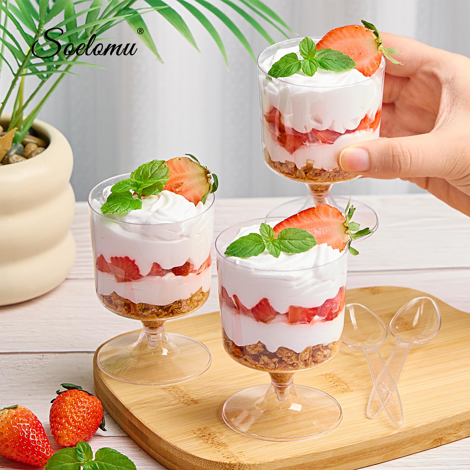 100-Pack 5 oz Square & Goblet Plastic Dessert Cups with Spoons - Mini Parfait & Shooter Cups for Banana Pudding, Yogurt, Fruit, Jello - Perfect for Parties, Catering & Home Dessert Serving