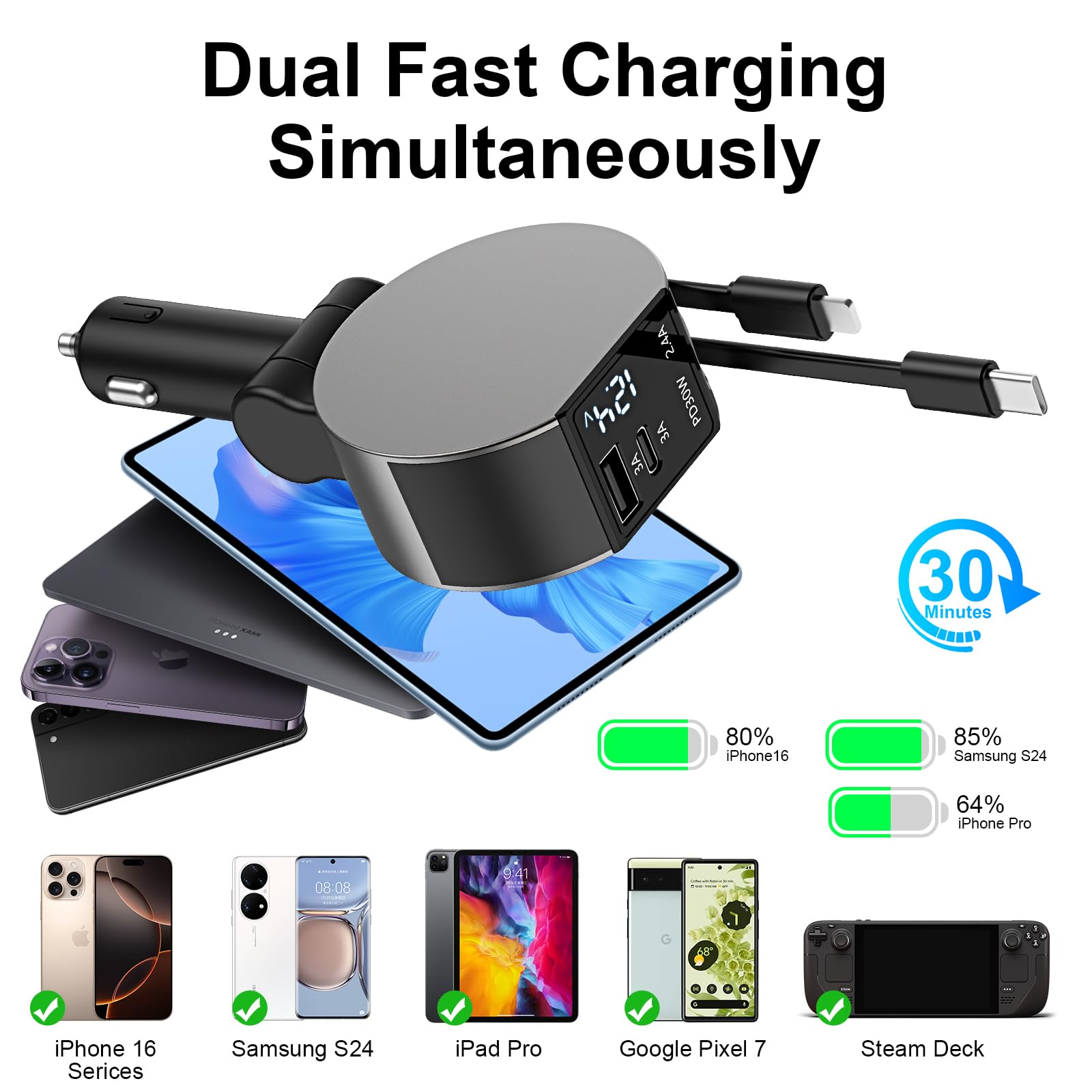 Leinsis 65W 4-in-1 Retractable Car Charger with USB-C & Lightning Ports - Fast Charging for iPhone 16/15/14/13/12/11, Galaxy, Pixel - Perfect for Road Trips & Daily Commutes