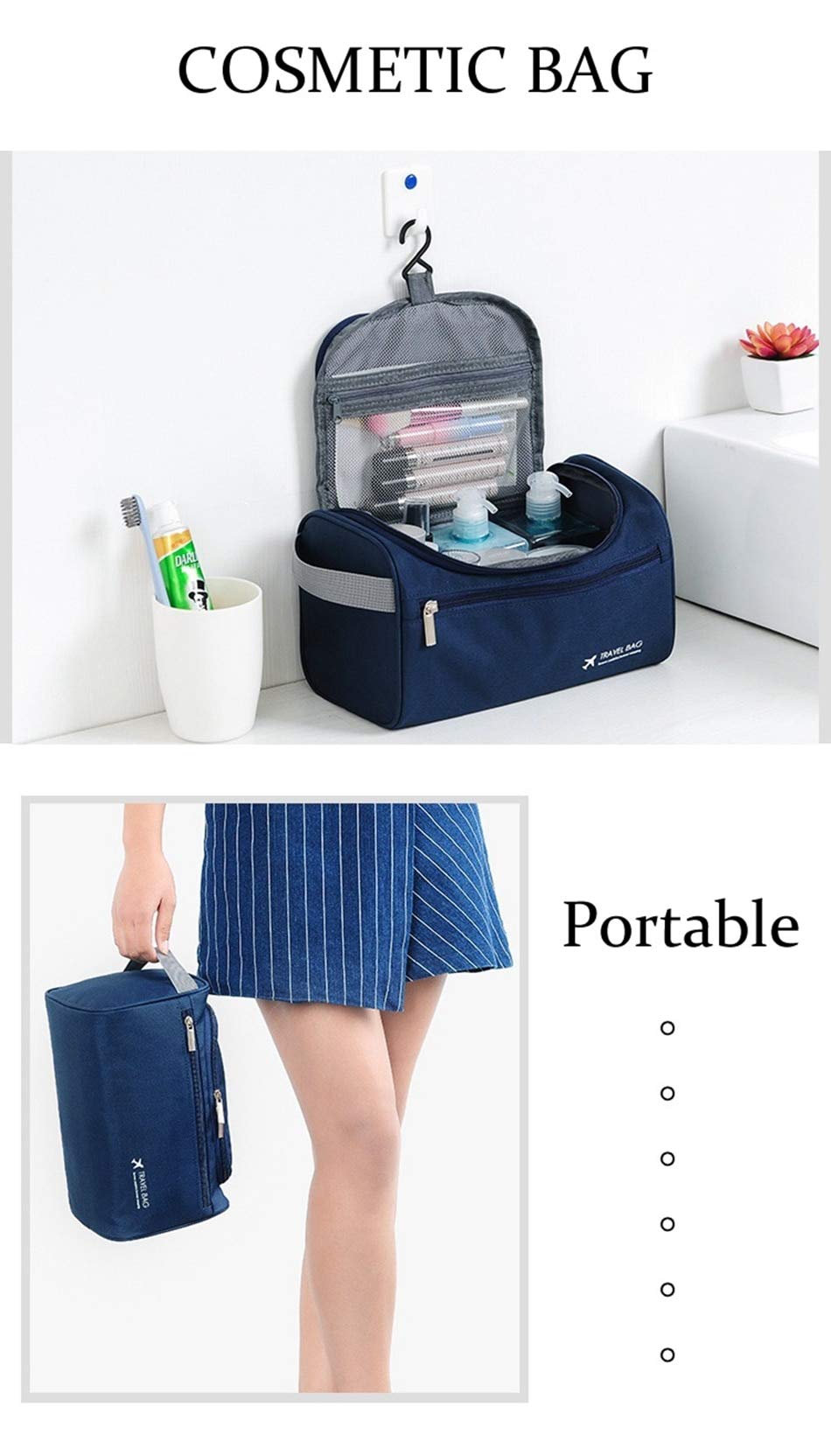 Trexee Extra Large Multifunctional Travel Bag - Waterproof Makeup Organizer & Cosmetic Case for Women | Portable Grooming Kit Storage with Hook | Perfect for Air Travel, Camping & Home Organization (Blue)