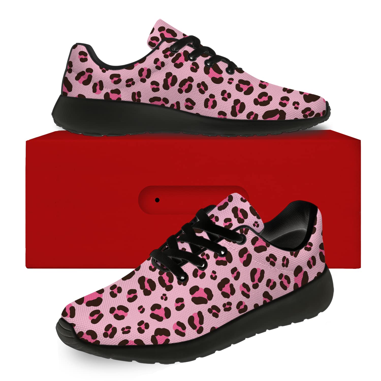 Leopard Print Running Shoes for Men & Women - Pink Cheetah Animal Print Tennis Sneakers for Walking, Jogging & Gym Workouts - Size 10 Men/11.5 Women in Black & Light Pink - Perfect Gift for Boys & Girls