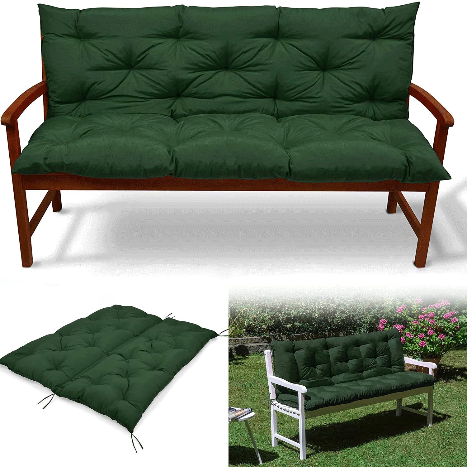 **Outdoor Bench Swing Cushion - 3-Seat Waterproof Garden Cushion with Backrest & Non-Slip Ties - Dark Green 40x59 Inch - Perfect for Porch, Patio & Backyard Relaxation**