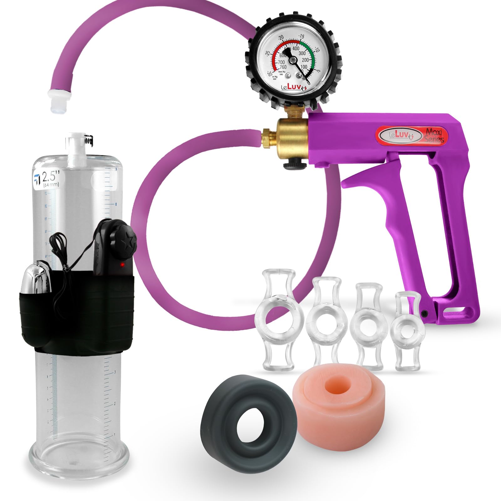 Premium LeLuv Vibrating Penis Pump with Maxi Purple Handle & Protected Gauge - Uncollapsable Silicone Hose, Sleeve, Donut & Cock Rings - 9