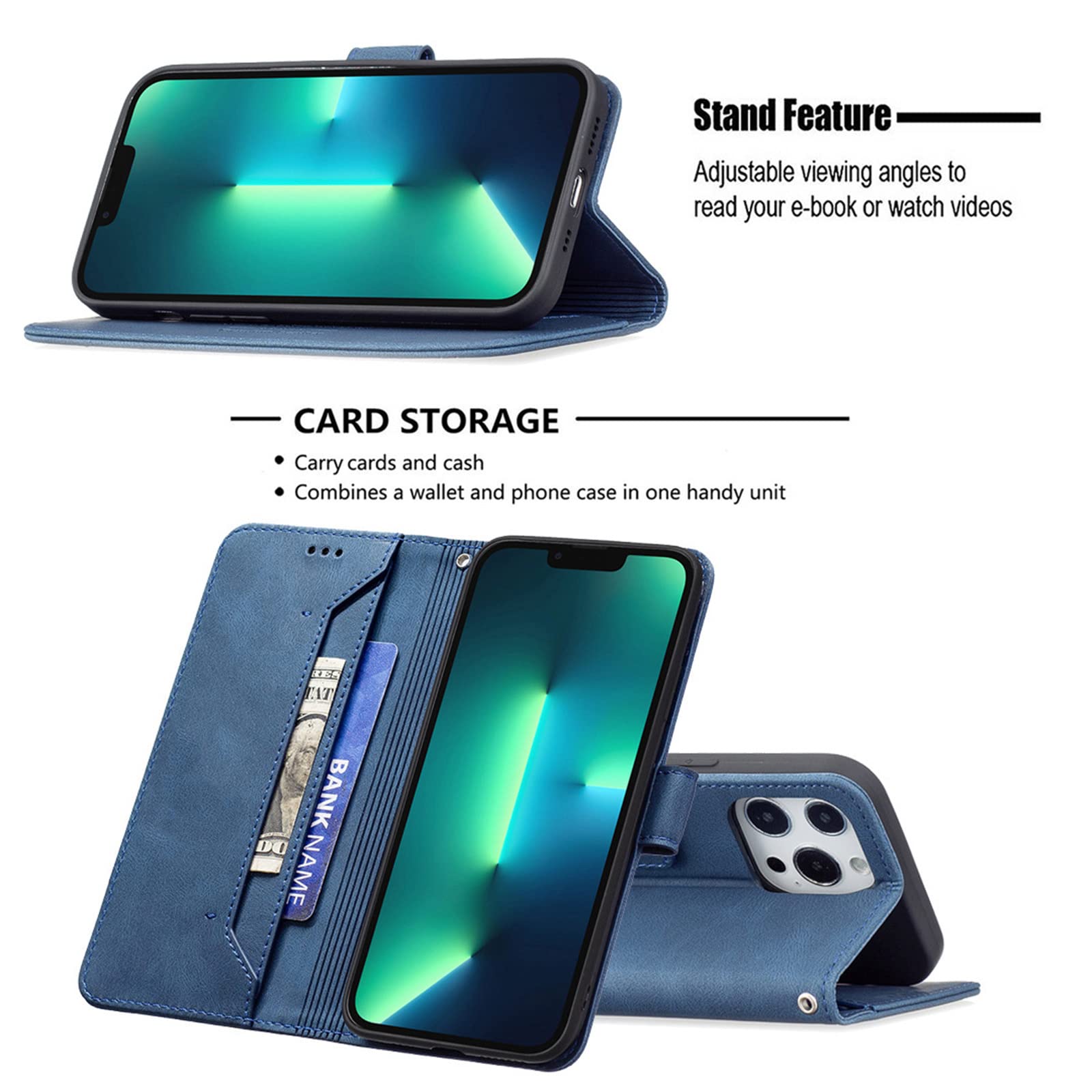 Genuine Leather Flip Wallet Case for iPhone 13 Pro Max/13 Pro/13/13 Mini with RFID Blocking, Card Slots, Kickstand & Magnetic Protection - Shockproof TPU Cover (Red, 5.4