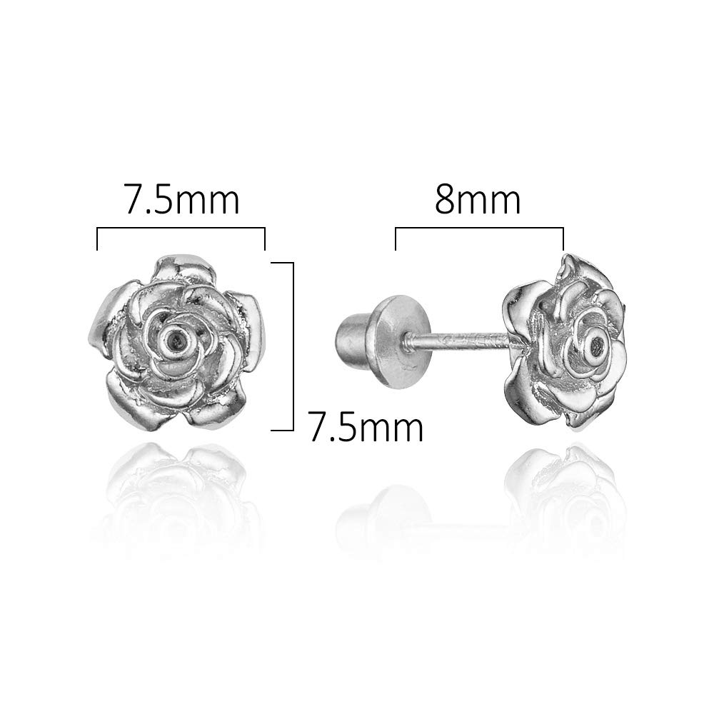 925 Sterling Silver Rhodium Plated Rose Flower Cubic Zirconia Screwback Earrings for Baby Girls | Hypoallergenic Kids Jewelry Gift for Birthdays, Christening & Special Occasions