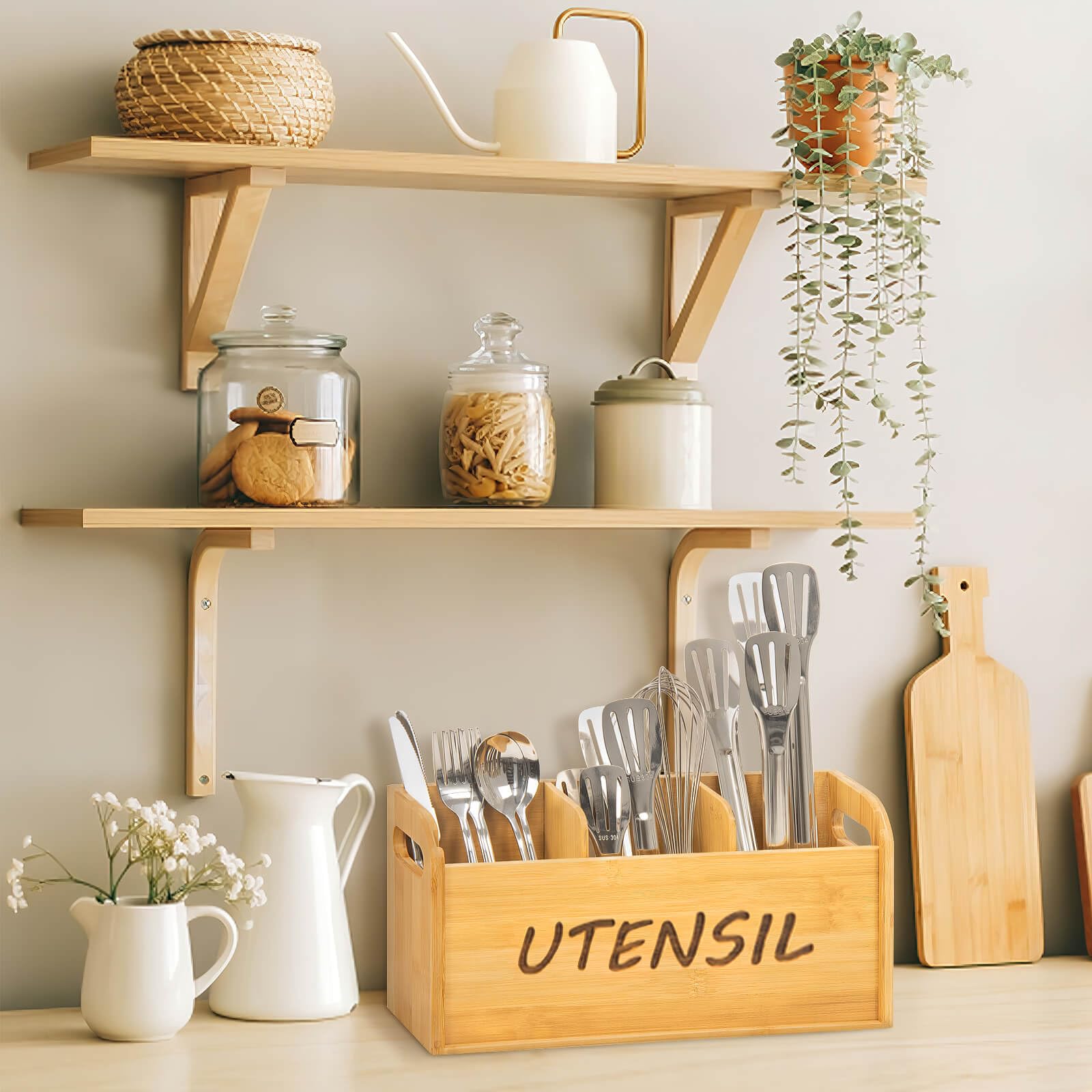 Bamboo Kitchen Utensil Holder - 3 Compartment Countertop Organizer for Cooking Tools