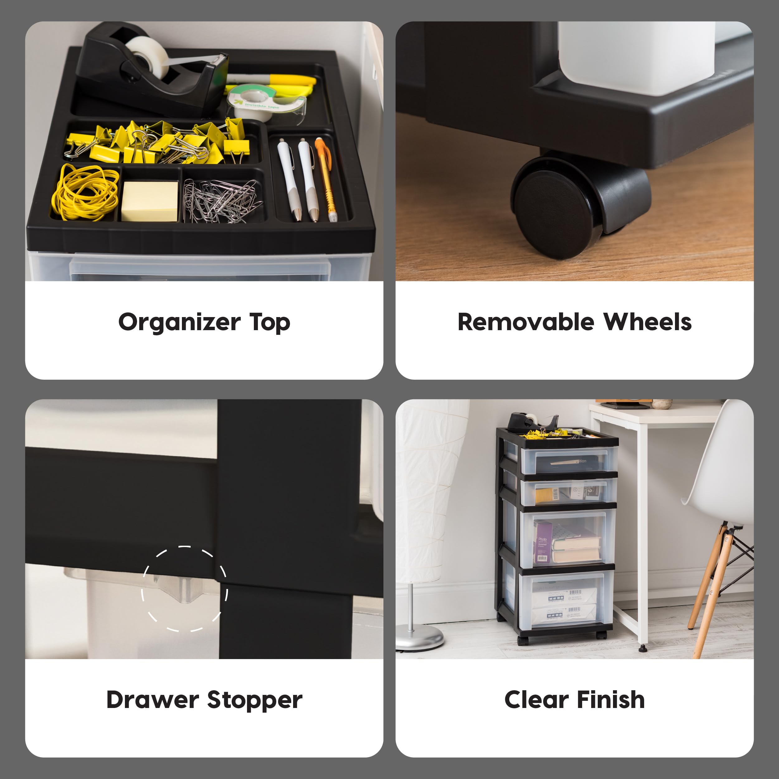 IRIS USA 4-Drawer Plastic Storage Cart with Wheels - Rolling Organizer for Classroom, Craft Supplies, Bathroom, Bedroom & Laundry - Black/Clear - Perfect for Dorm Rooms, Closet Organization & Art Studio Storage