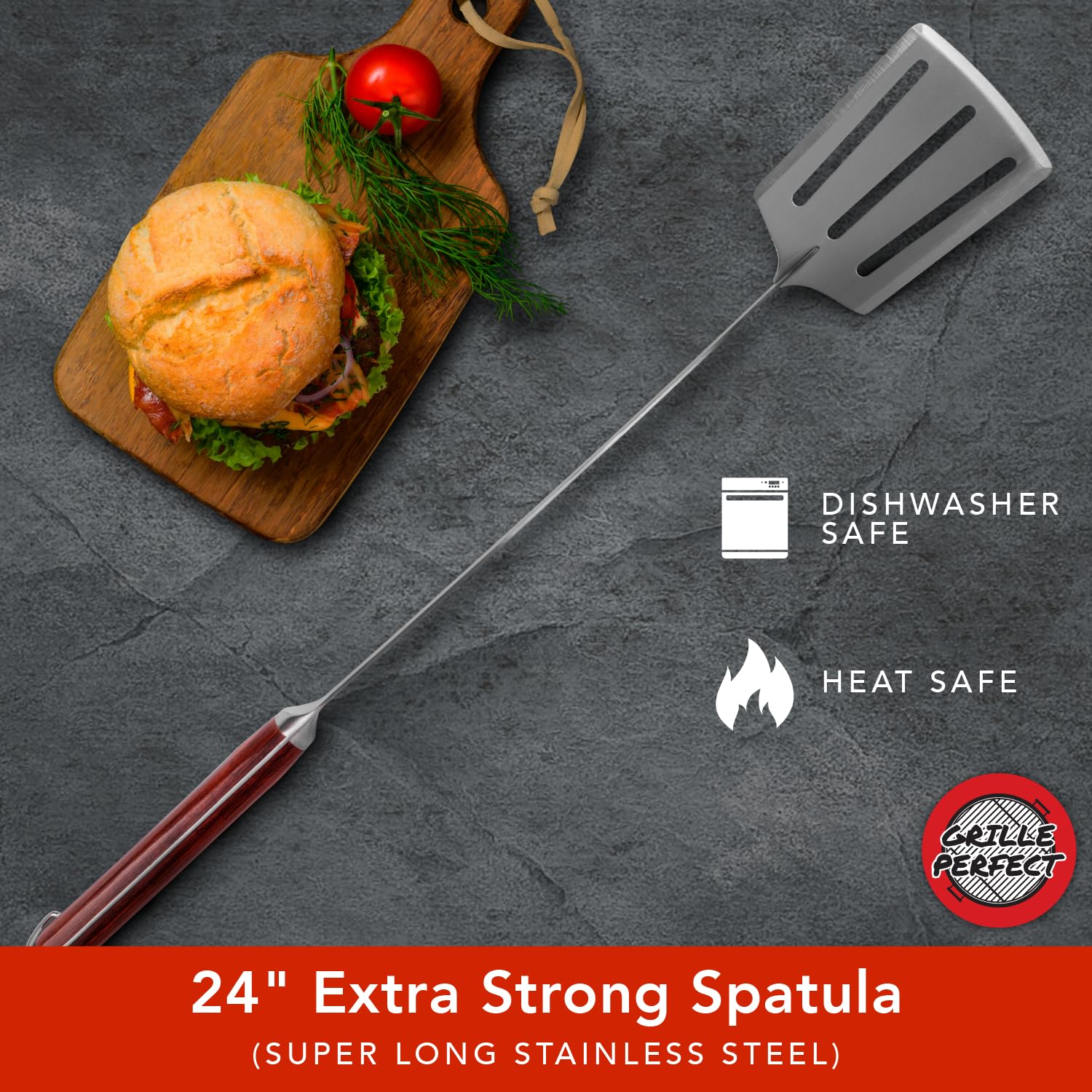 24-Inch Super Long Grill Spatula - Extra Strong Curved Neck with Premium Hardwood Handle & Large Stainless Steel Blade - Perfect for BBQ, Grilling, Fire Pit, Outdoor Kitchen & Backyard Cooking - Ideal for Burgers, Steaks, Pancakes & Grilled Vegetables