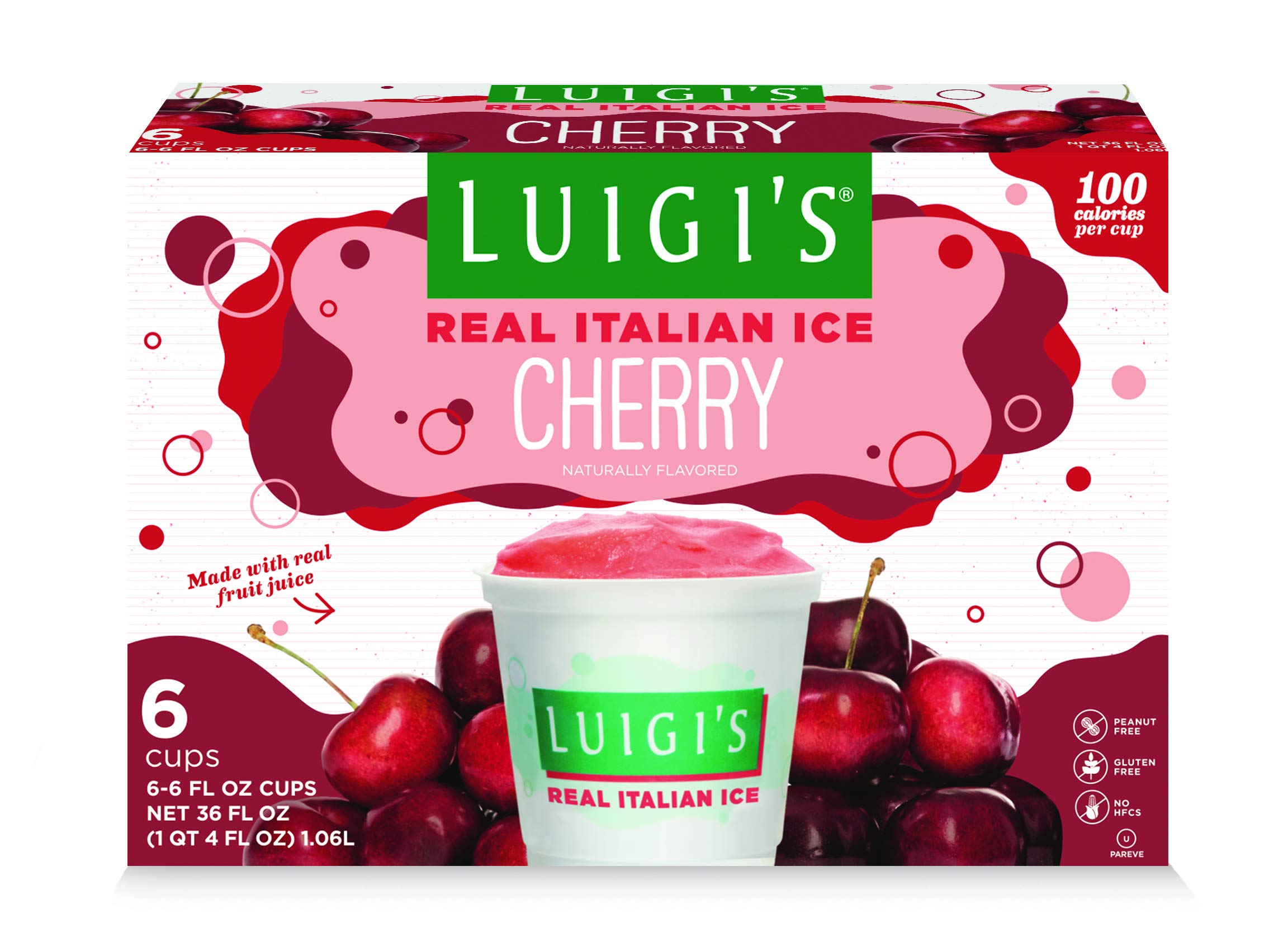 Luigi's Real Italian Ice, Cherry Flavor, 6 Ounce (6 Pack) - Frozen Dessert for Summer Parties, BBQs & Family Gatherings