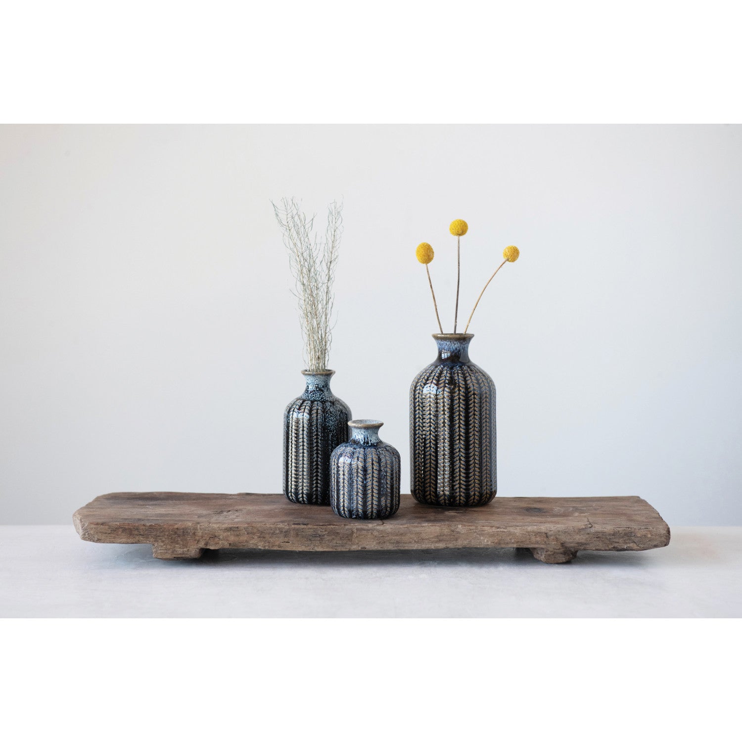 Handmade Embossed Stoneware Vase Set - Elegant Ceramic Flower Vases for Home Decor, Wedding Centerpieces & Boho Chic Interior Design