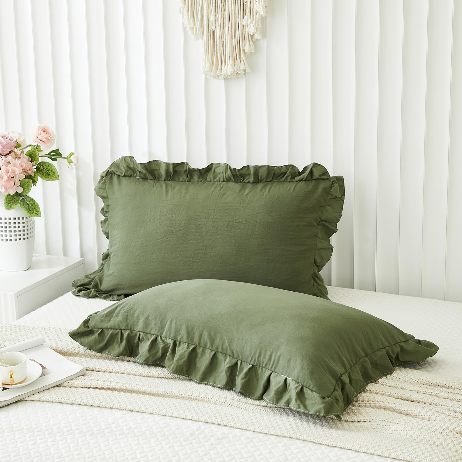 Olive Green Ruffled Pillow Shams Set of 2 - King Size 20x36 Inches - Shabby Chic Decorative Pillowcases with Fringe Design for Bedroom, Living Room, Sofa & Home Decor