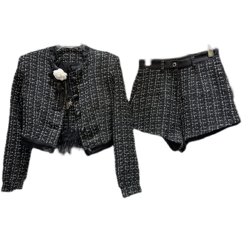 Women's Autumn Feathers Camisole Floral Pin Plaid Jacket & Slim Shorts 3-Piece Outfit Set | Fall Fashion, Casual Wear, Date Night & Office Outfits