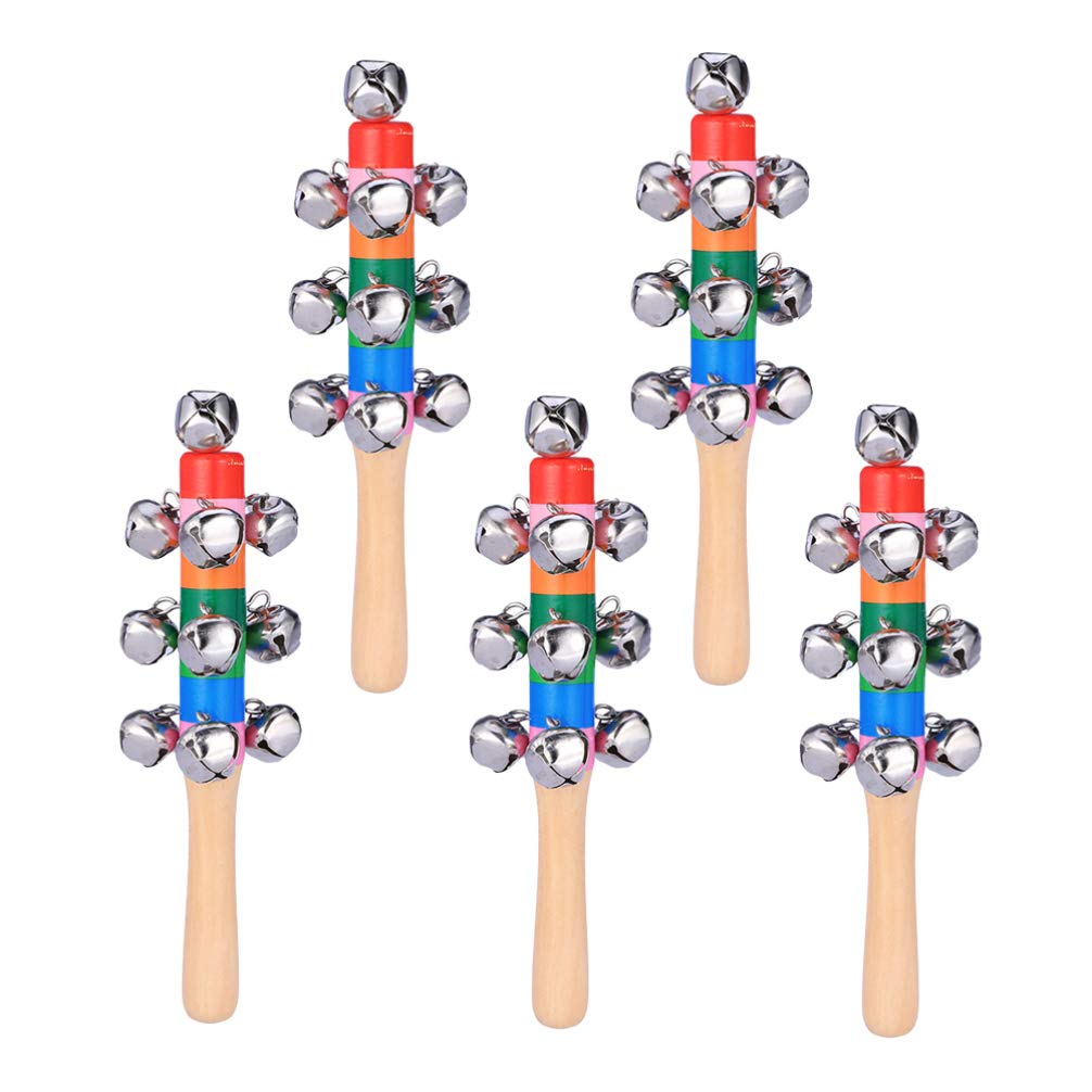 INOOMP Toddler Toys - 5pcs Christmas Hand Jingle Bell Rattle with Rainbow Wood Handle | Early Learning Musical Instrument for Babies & Kids | Perfect for Birthday, Christmas Parties & Sensory Play | Educational Gift for Toddlers (Style 1)