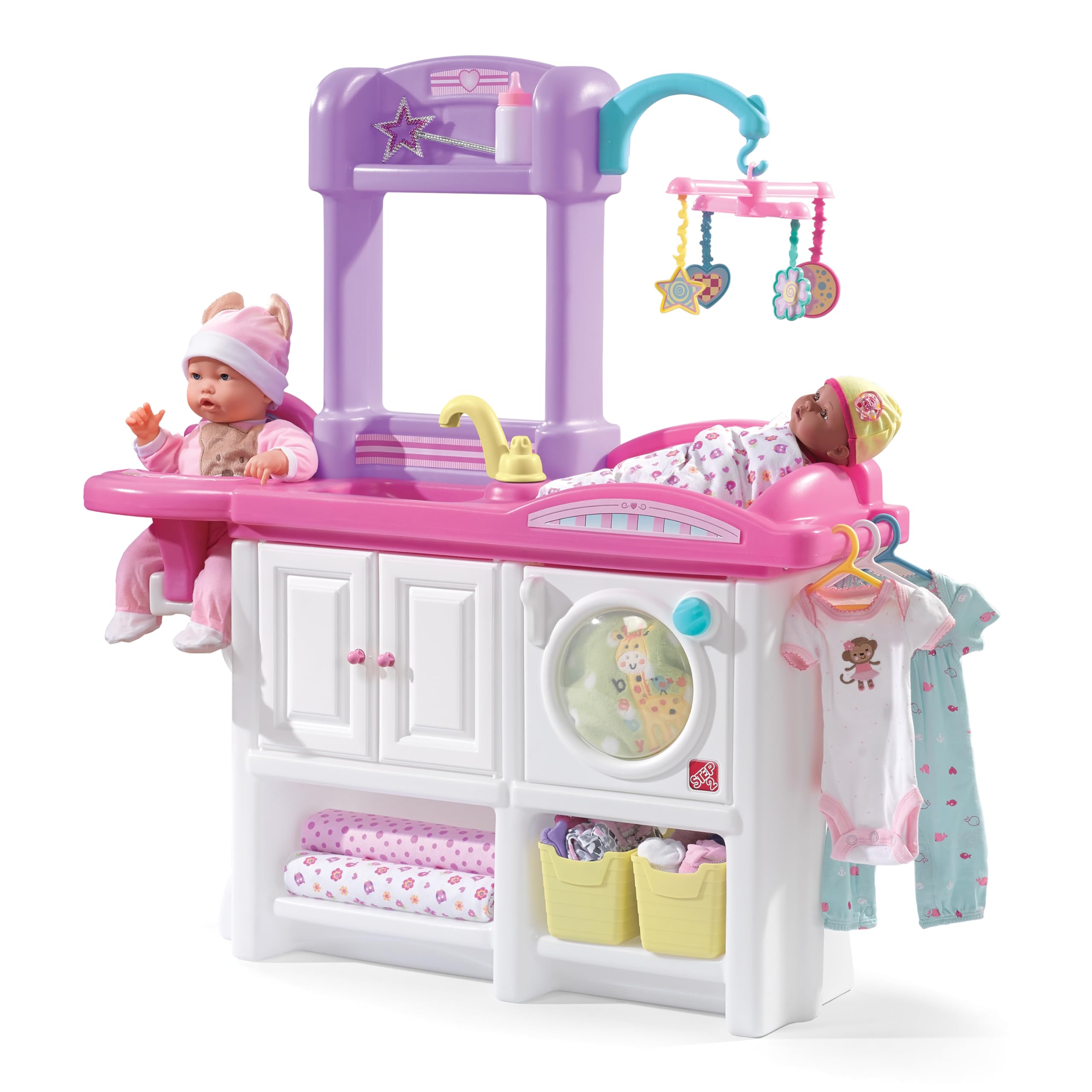 Step2 Love & Care Deluxe Baby Doll Nursery Playset for Toddlers 2-6 Years - Compact Doll Changing Station & Crib with Toy Accessories, Durable Plastic Kids Pretend Play Set (Pink) - Perfect for Imaginative Play, Role-Playing & Early Childhood Development