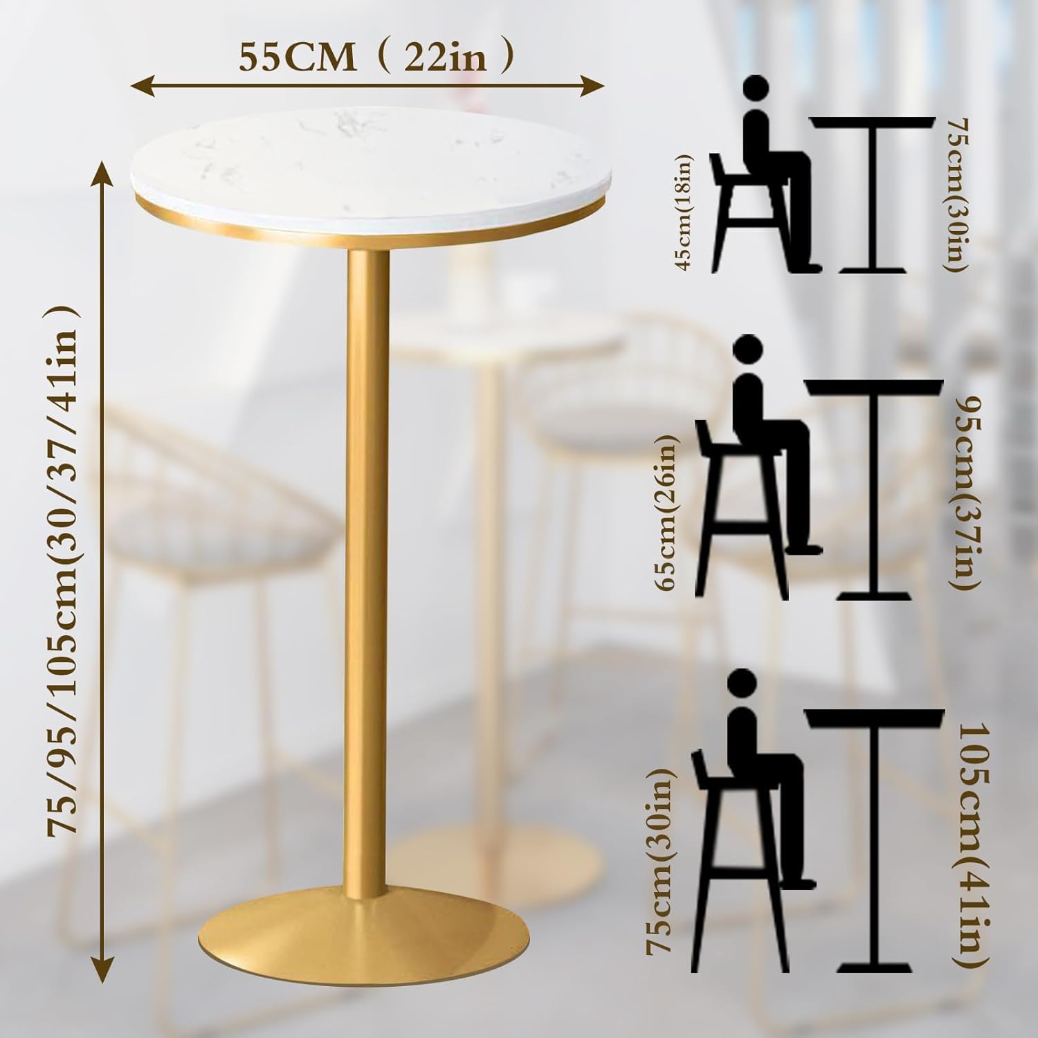 Gold Round Bar Table 22 Inch - Modern Marble High Top Pub Table with Non-Slip Stable Base - Perfect for Kitchen, Living Room, Dining Room & Bistro - Ideal for Parties, Cocktail Events & Home Decor (41 Inch Height)
