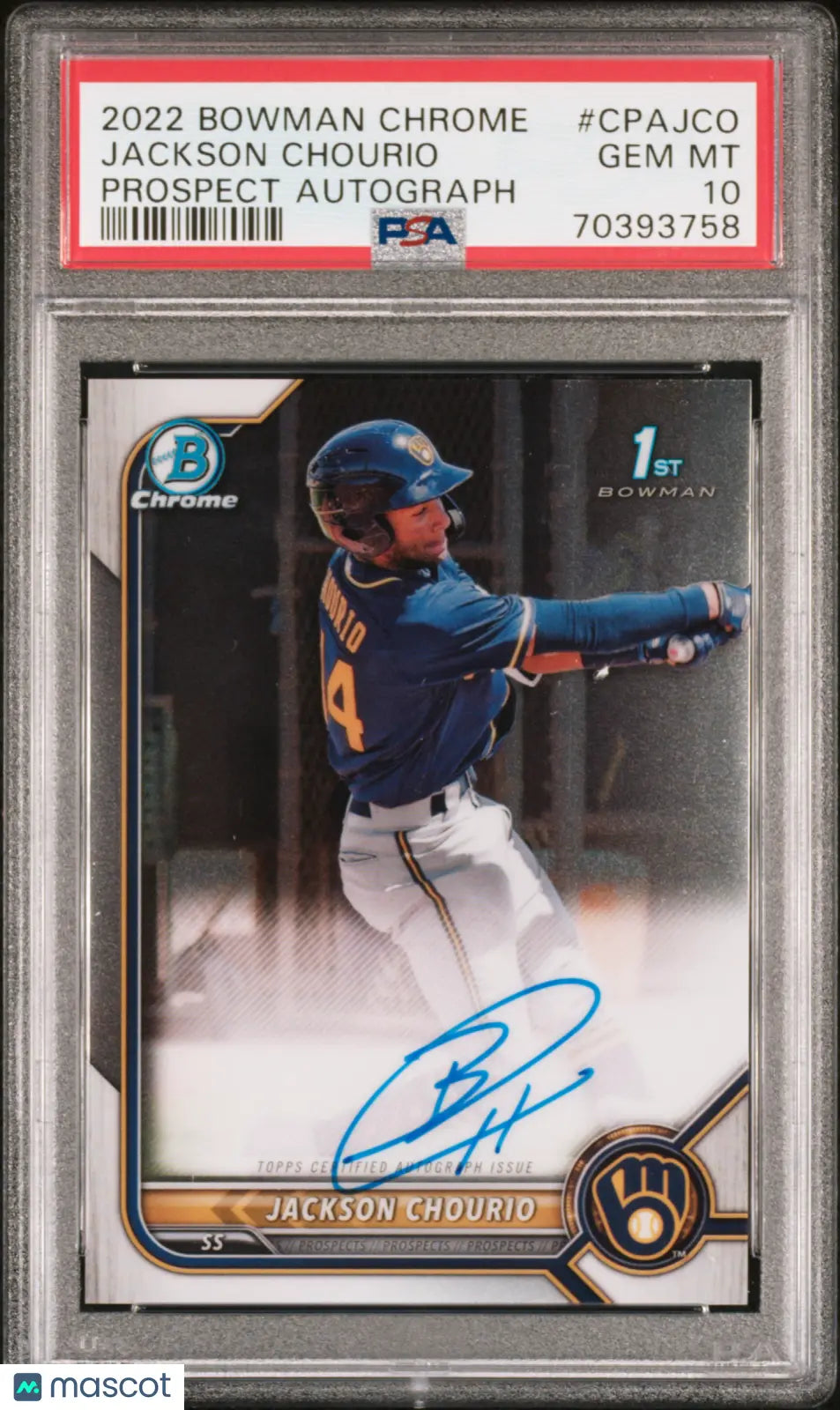 2022 Bowman Chrome Jackson Chourio Prospect Autograph Rookie Card PSA 10 Gem Mint - Perfect for Baseball Card Collectors & Milwaukee Brewers Fans