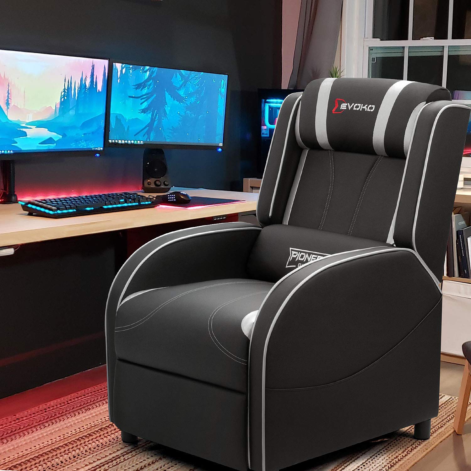 Devoko Massage Gaming Recliner Chair - PU Leather Home Theater Seating with Lumbar Support, Single Modern Living Room Recliner Sofa for Men & Women (Silver) - Perfect for Gaming, Movie Nights & Relaxation