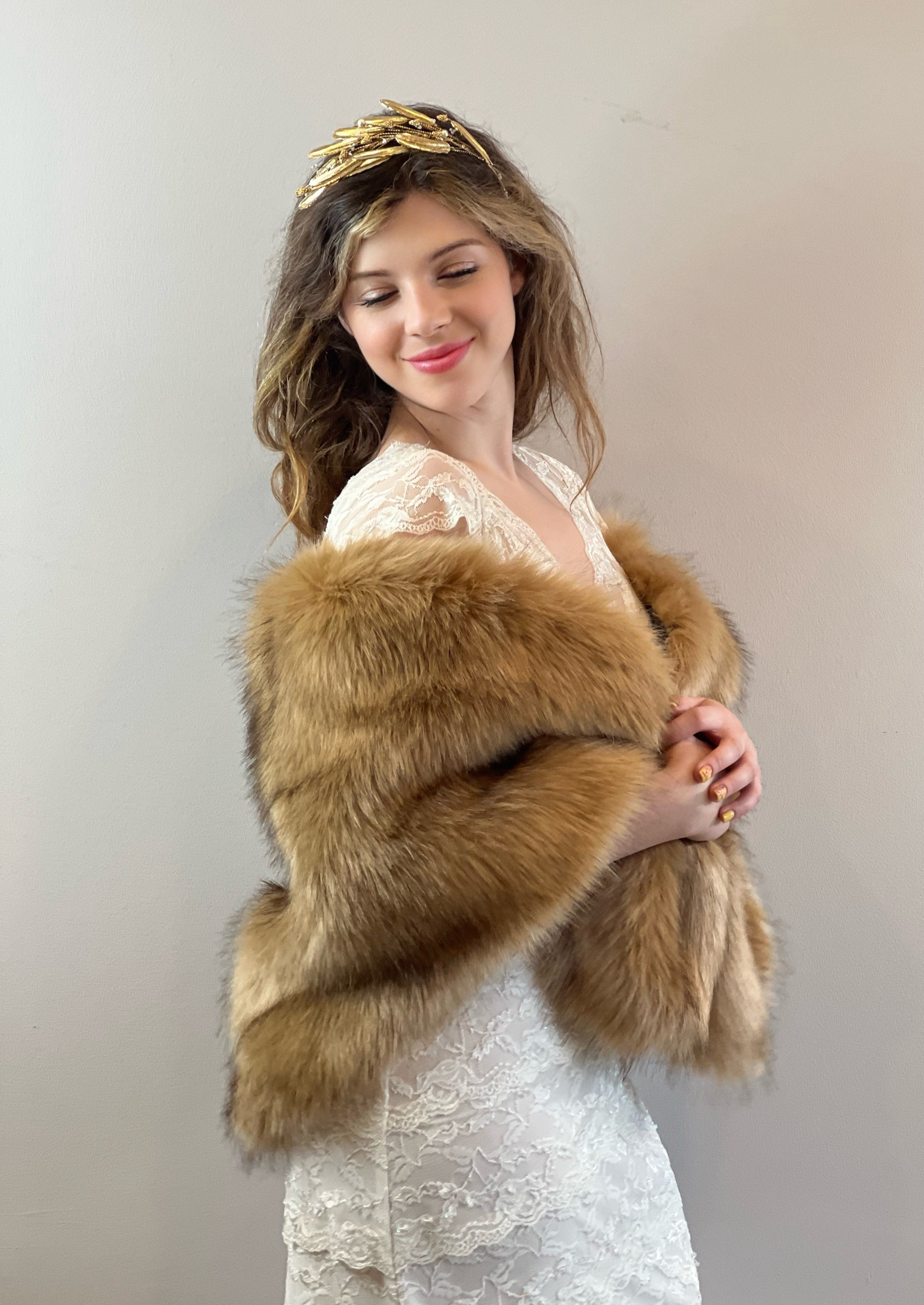 Honey Brown Faux Fur Shawl Wrap - Soft Winter Scarf for Women, Elegant Butterfly Design (LBrw03) - Perfect for Parties, Weddings & Cold Weather Fashion